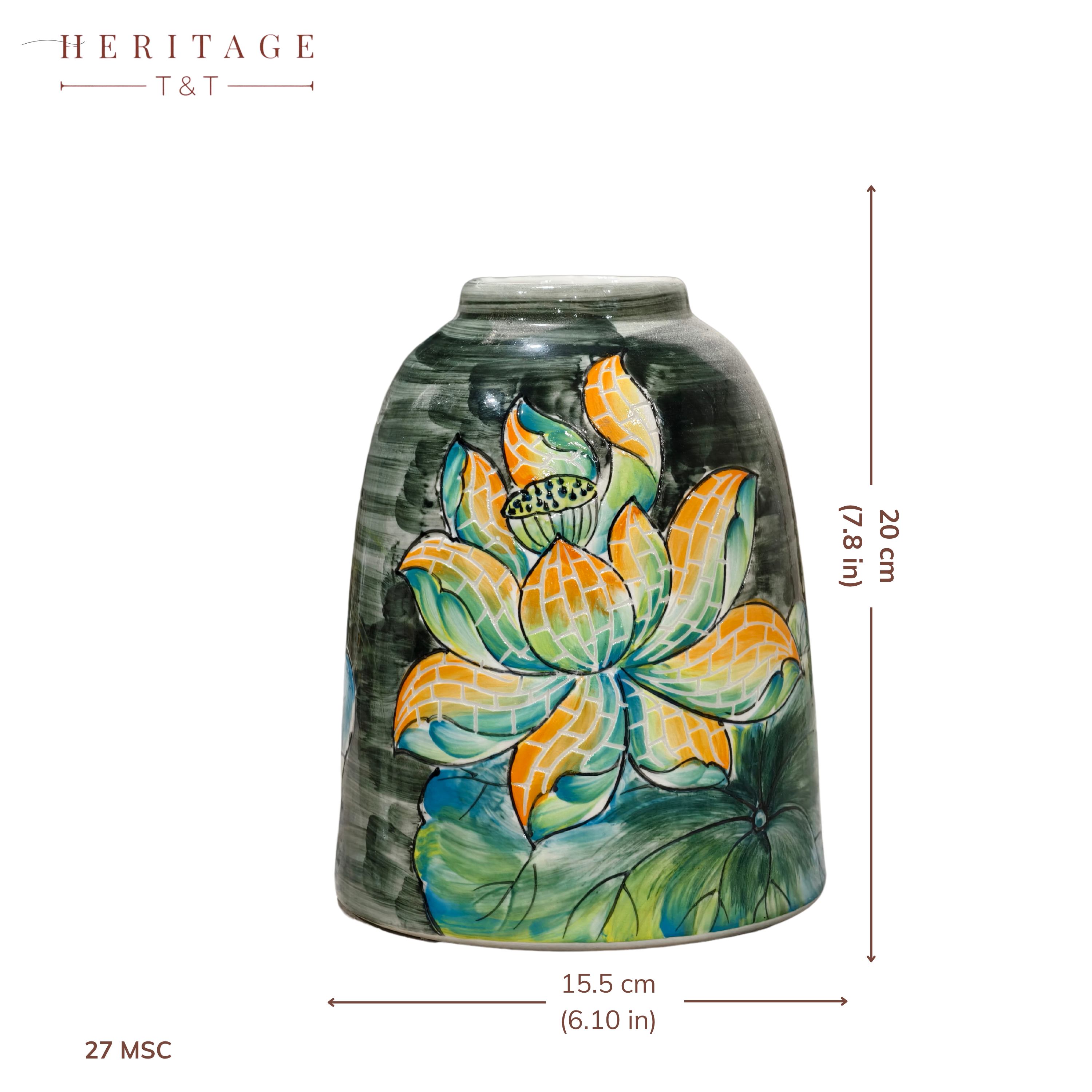 Handmade Mosaic Ceramic Vase – Lotus Design  – 20 cm (7.9 in) – Home Décor – Heritage T&T Mosaic Collection – Bat Trang Vietnam