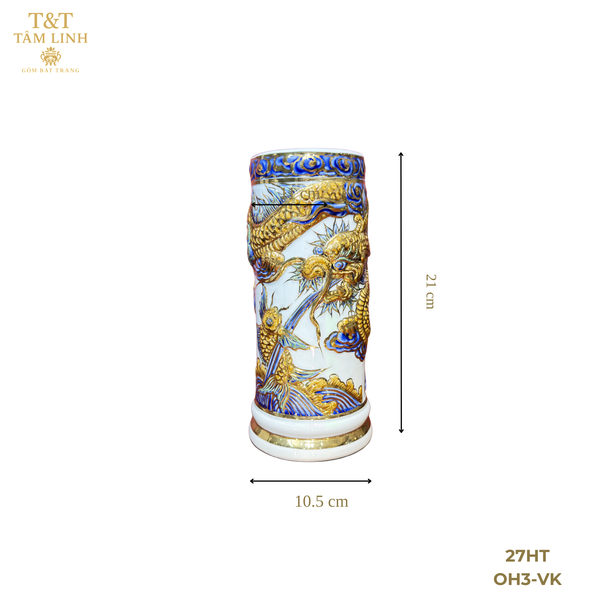 Heritage T&T Ceramic Incense Holder Tube Altar Tâm An  – 1 Pc – Bat Trang Handmade Vietnam