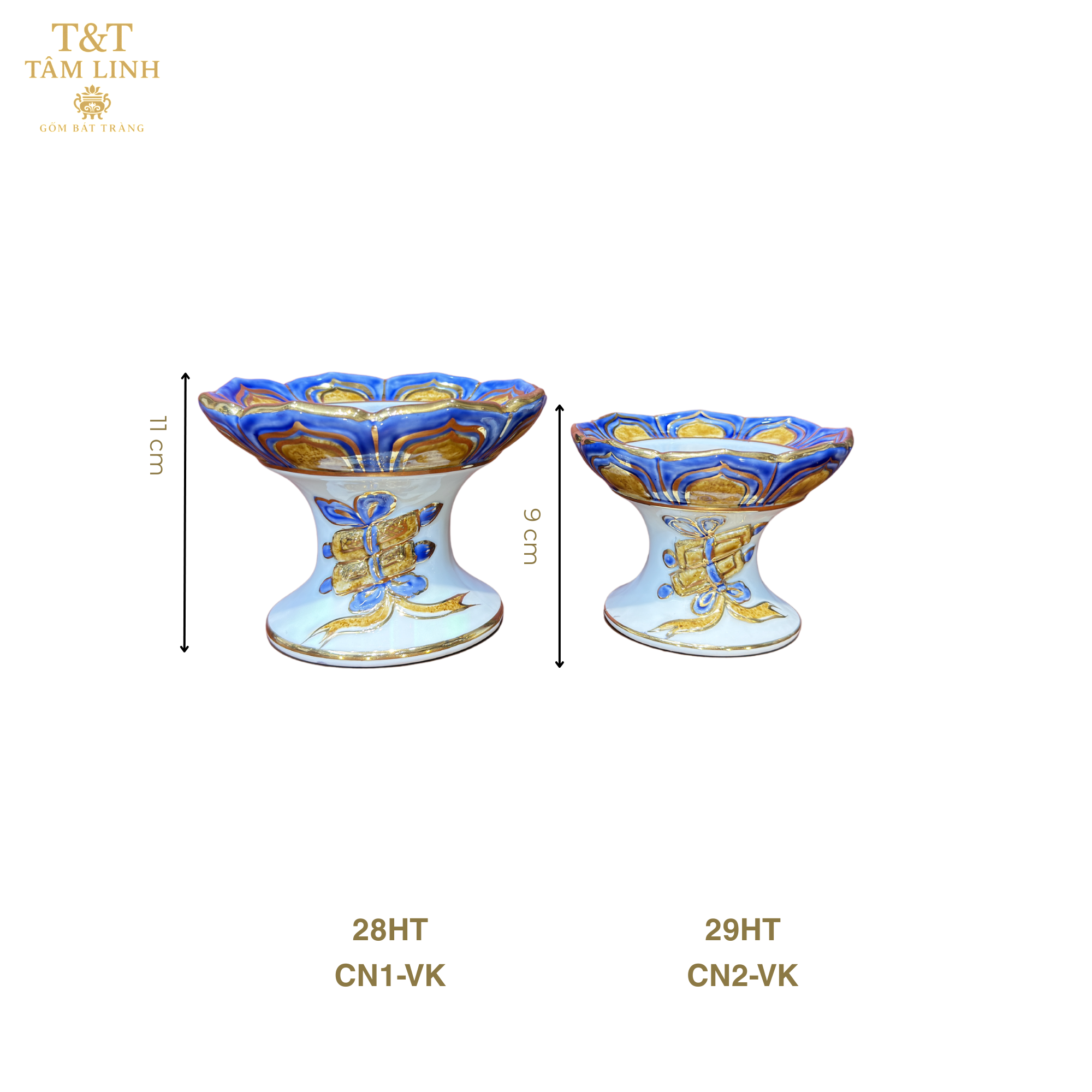 Heritage T&T Ceramic Candle Stand Altar Tâm An Hand-Painted Golden Motif Height 8 cm – 1 Pair – Bat Trang Handmade Vietnam