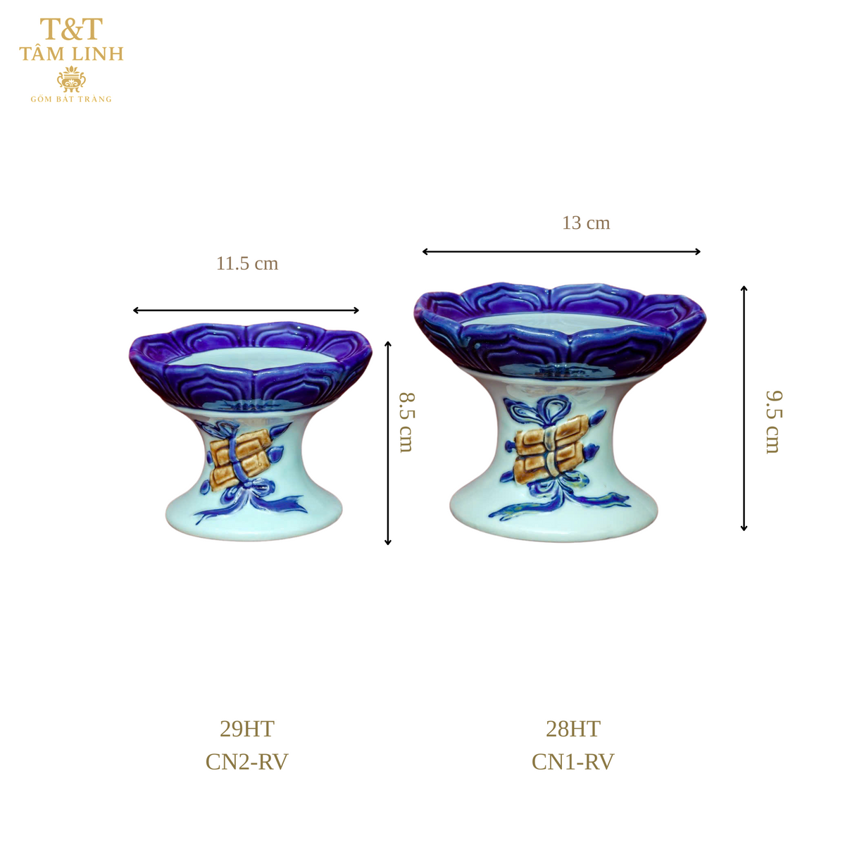 Heritage T&T Ceramic Candle Stand Altar Tâm An Hand-Painted Golden Motif Height 8 cm – 1 Pair – Bat Trang Handmade Vietnam