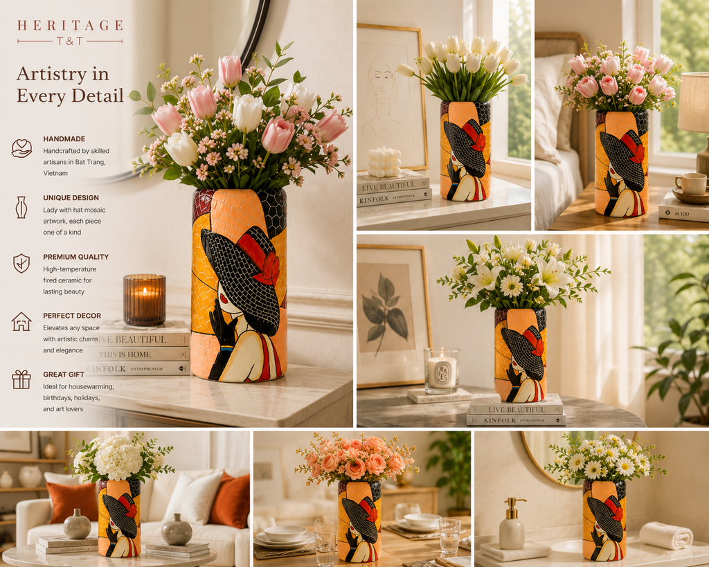 Handmade Mosaic Ceramic Vase – Lady Design  – 25 cm (9.8 in) – Home Décor – Heritage T&T Mosaic Collection – Bat Trang Vietnam