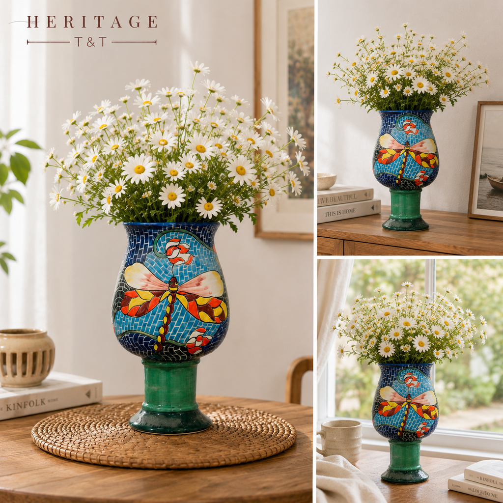 Handmade Mosaic Ceramic Vase – Dragonfly Design  – 28 cm (11 in) – Home Décor – Heritage T&T Mosaic Collection – Bat Trang Vietnam