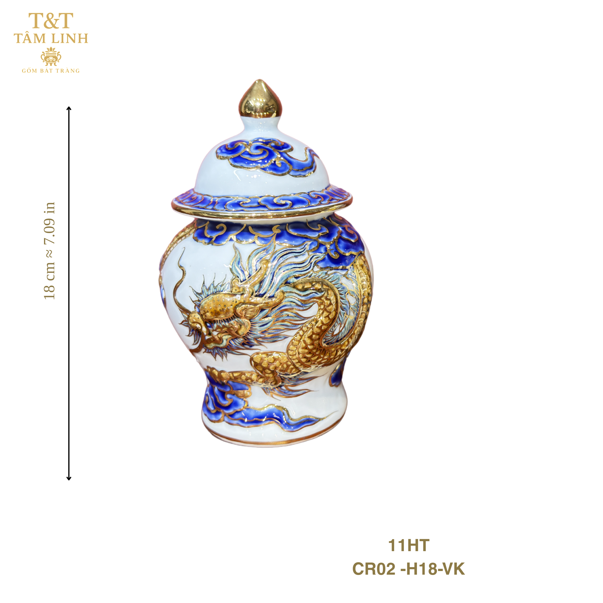 Heritage T&T Dragon Ritual Water Jar Altar Tâm An – Handcrafted Bat Trang Ceramics – 1 Pc