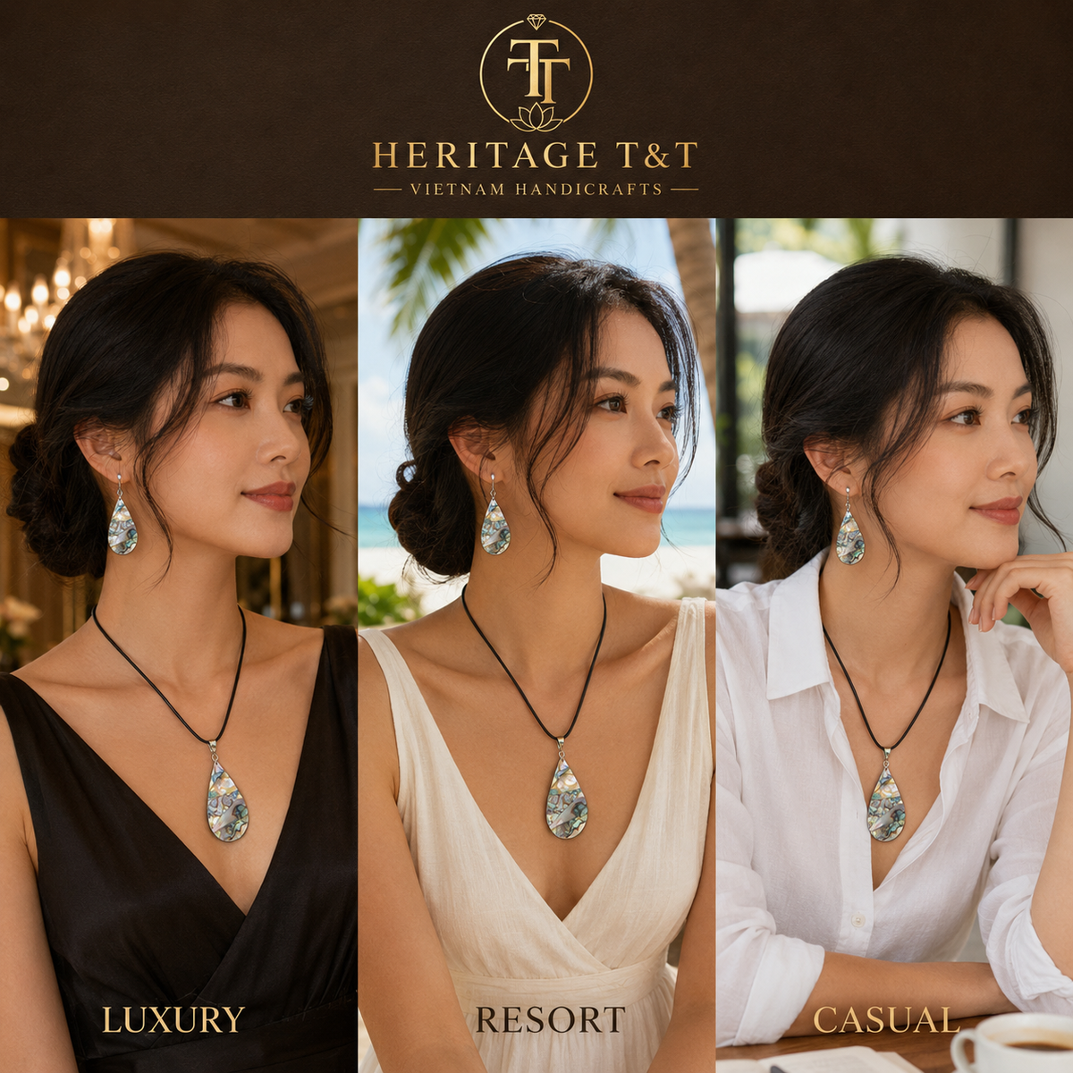 Natural Shell Statement Necklace Earrings Set – Abalone  Mother of Pearl – Heritage TT