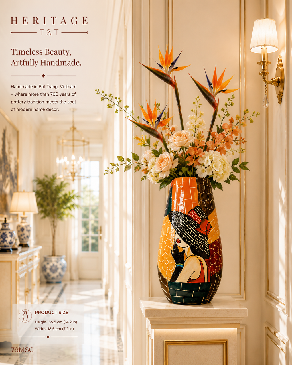 Handmade Mosaic Ceramic Vase – Lady Design  – 36.5 cm (14.4 in) – Home Décor – Heritage T&T Mosaic Collection – Bat Trang Vietnam