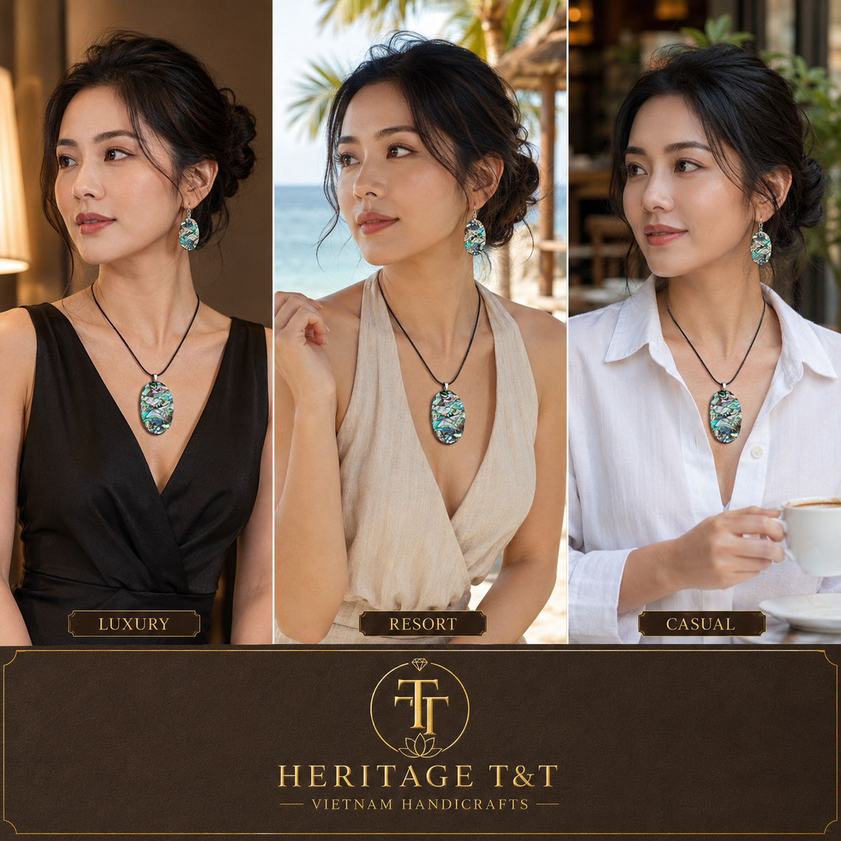 Natural Shell Statement Necklace Earrings Set – Abalone  Mother of Pearl – Heritage TT