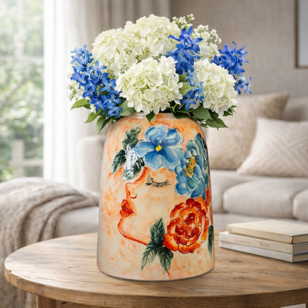 Handmade Ceramic Vase 26 cm – Decorative Floral Vase – Bat Trang Pottery – Hand Painted Art Vase – Home Decor – HERITAGE T&T