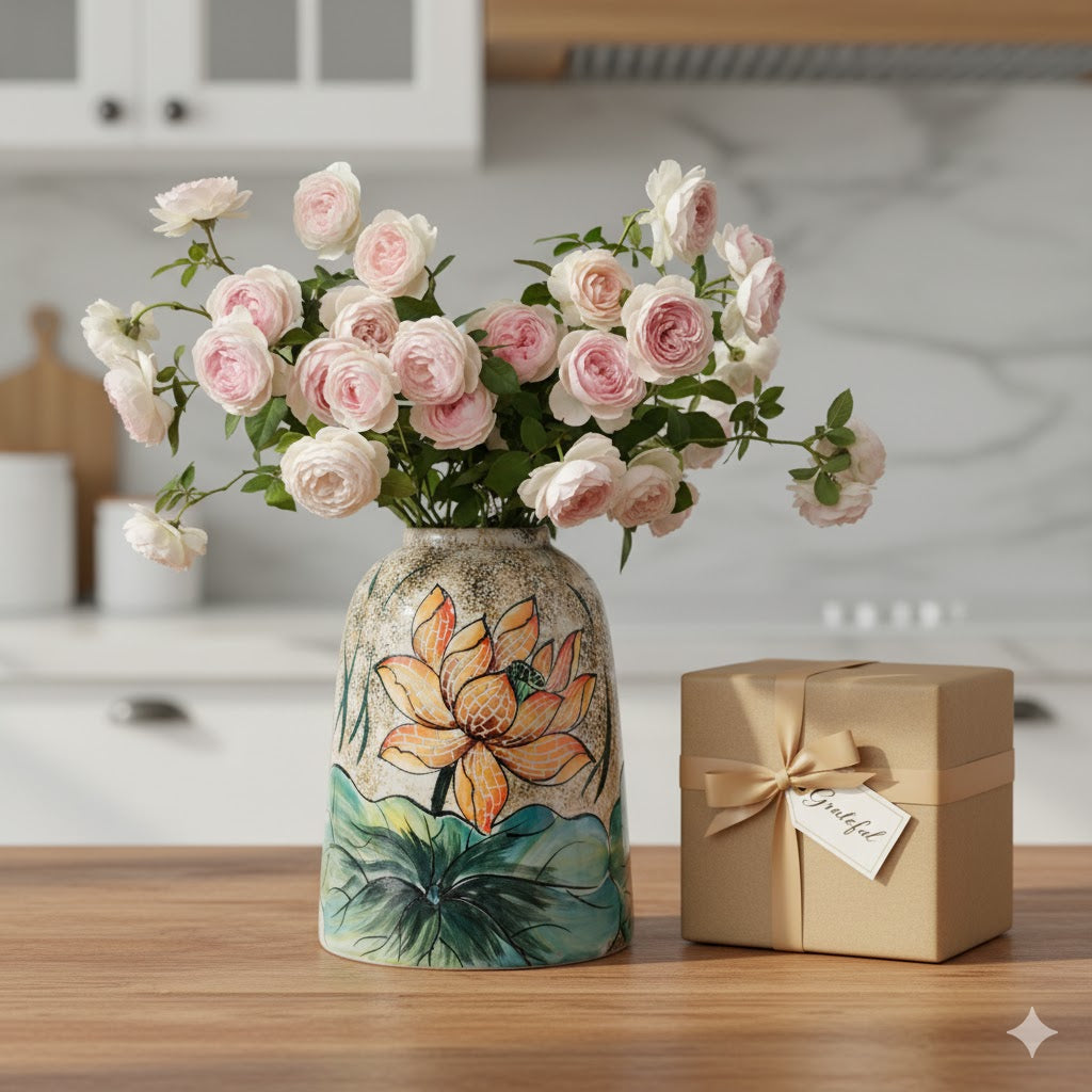 Handmade Mosaic Ceramic Vase – Lotus Design  – 31.5 cm (12.4 in) – Home Décor – Heritage T&T Mosaic Collection – Bat Trang Vietnam