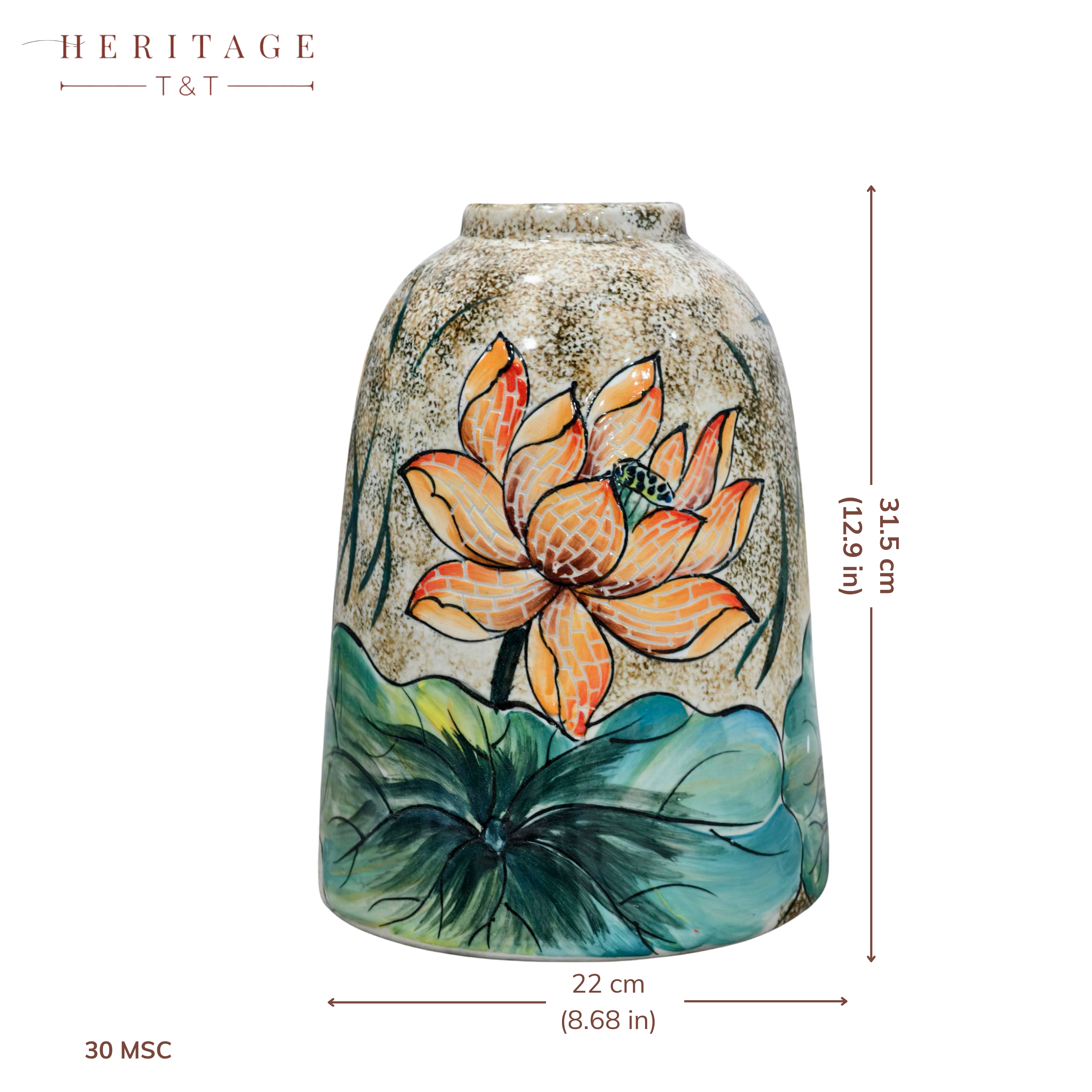 Handmade Mosaic Ceramic Vase – Lotus Design  – 31.5 cm (12.4 in) – Home Décor – Heritage T&T Mosaic Collection – Bat Trang Vietnam