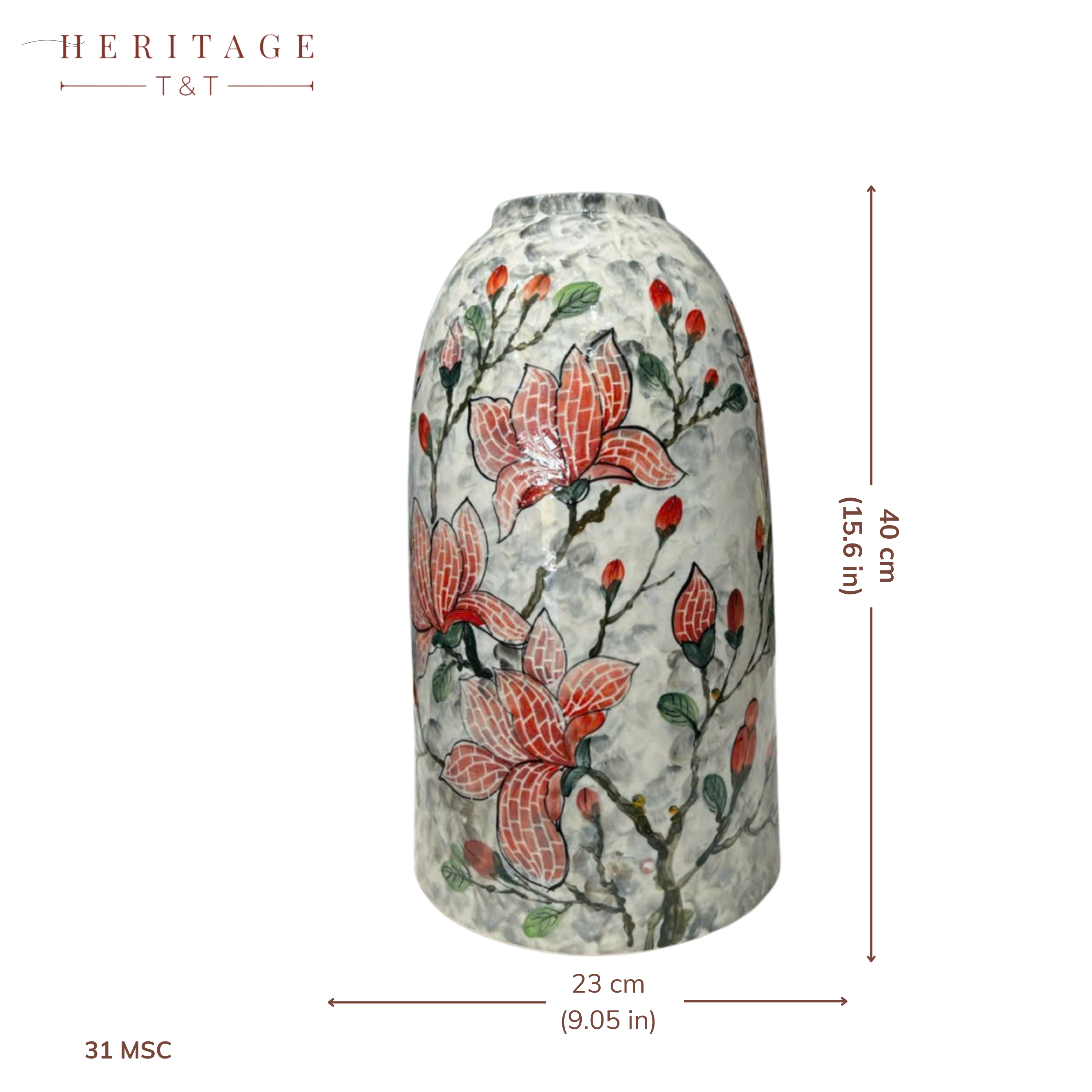 Handmade Mosaic Ceramic Vase – Flower Design  – 40 cm (15.7 in) – Home Décor – Heritage T&T Mosaic Collection – Bat Trang Vietnam