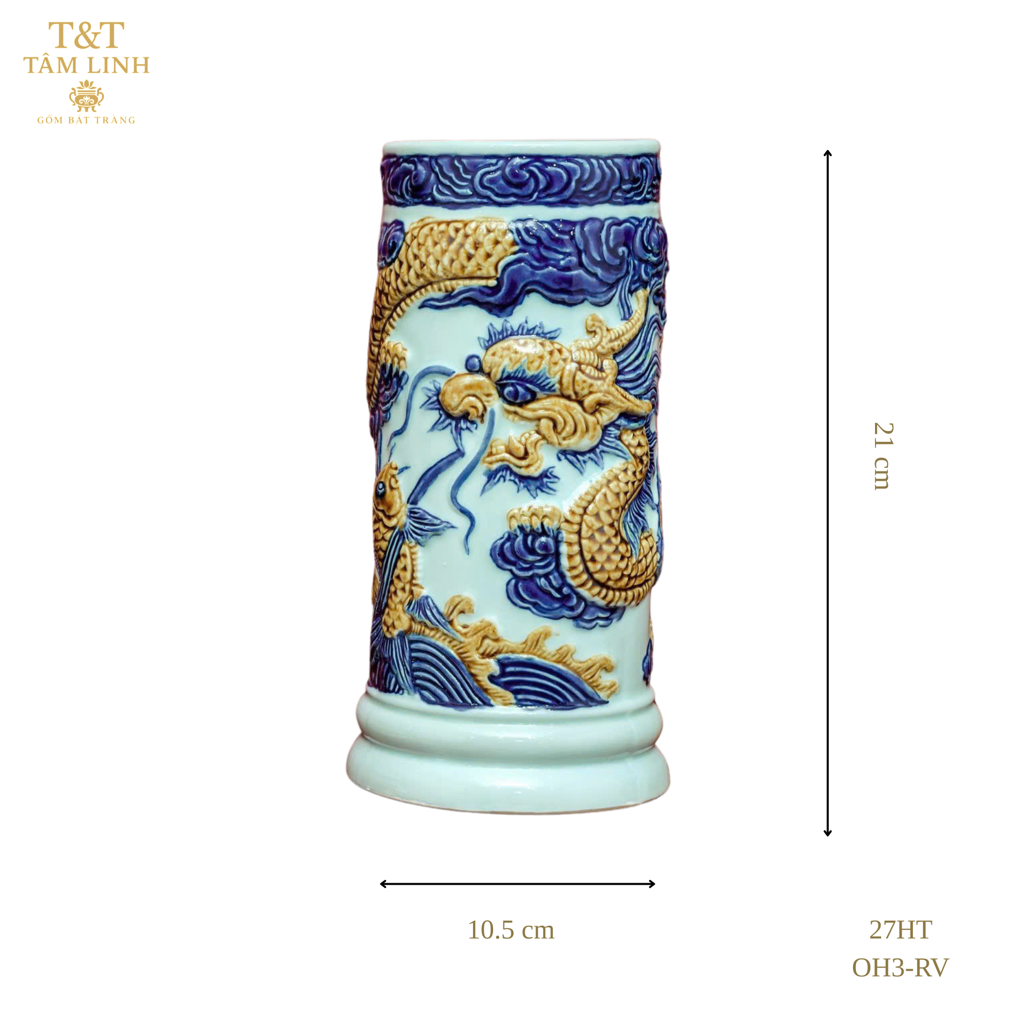 Heritage T&T Ceramic Incense Holder Tube Altar Tâm An  – 1 Pc – Bat Trang Handmade Vietnam