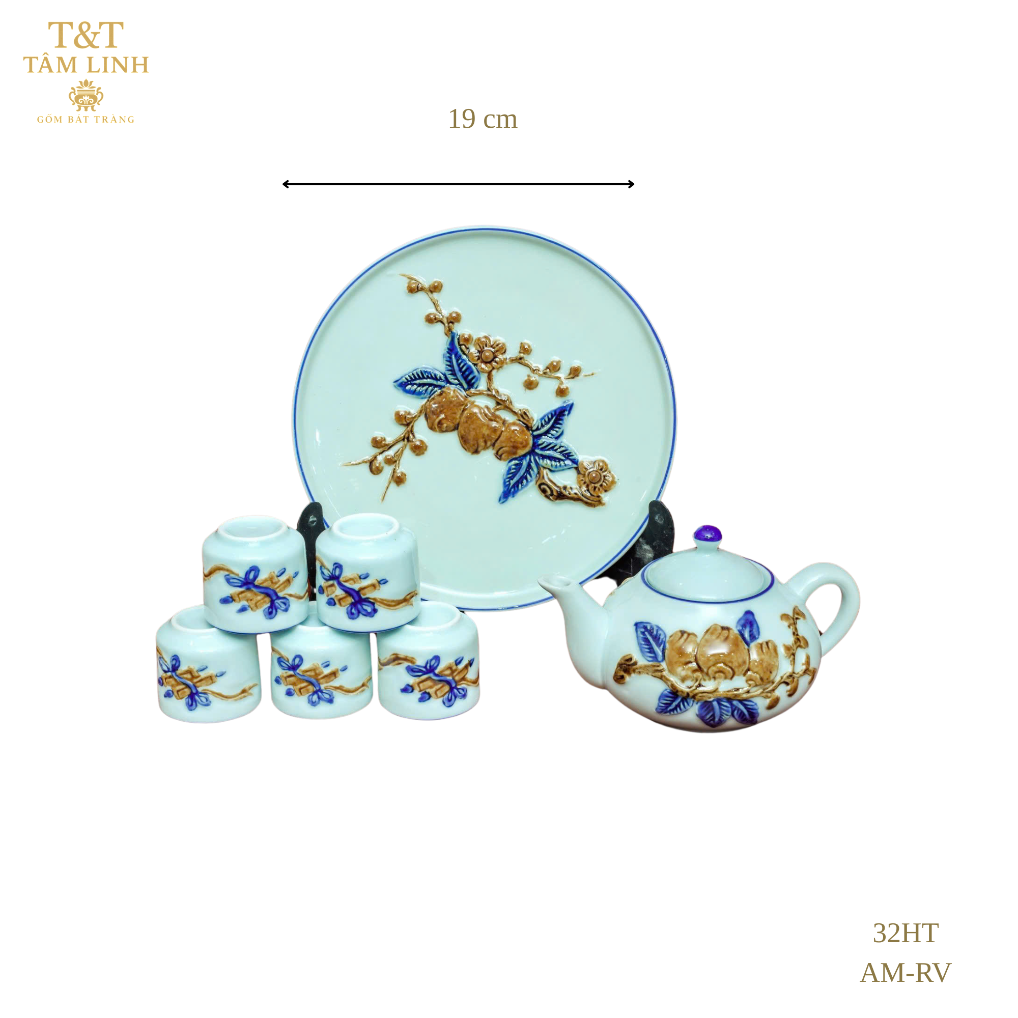 Heritage T&T Ritual Tea Cup Set Altar Tâm An Height 9 cm (3.5 in) – 1 Set – Bat Trang Handmade Vietnam