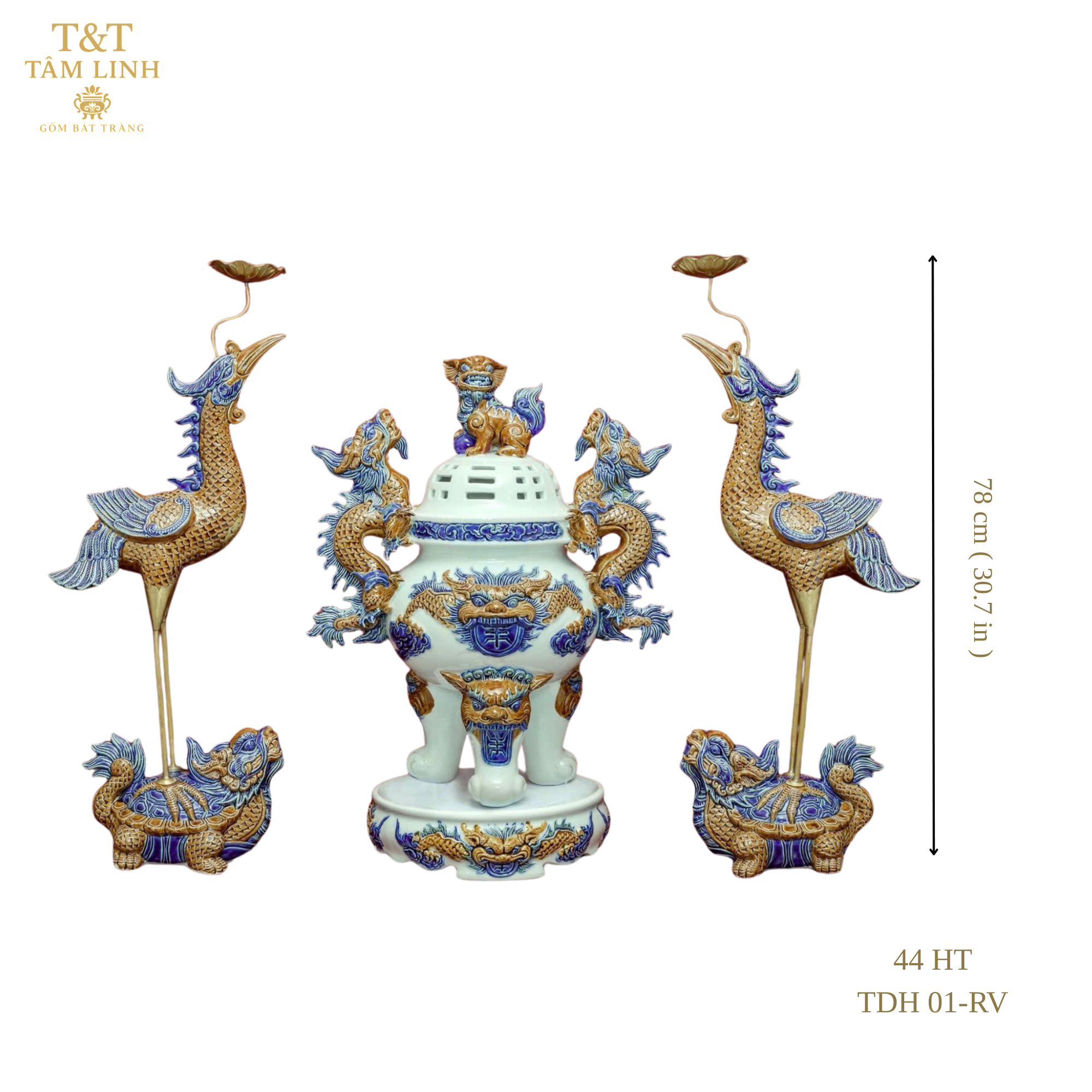 Heritage T&T Imperial Altar Set with Cranes Tâm An  – 1 Set (3 Pieces) – Bat Trang Handmade Vietnam