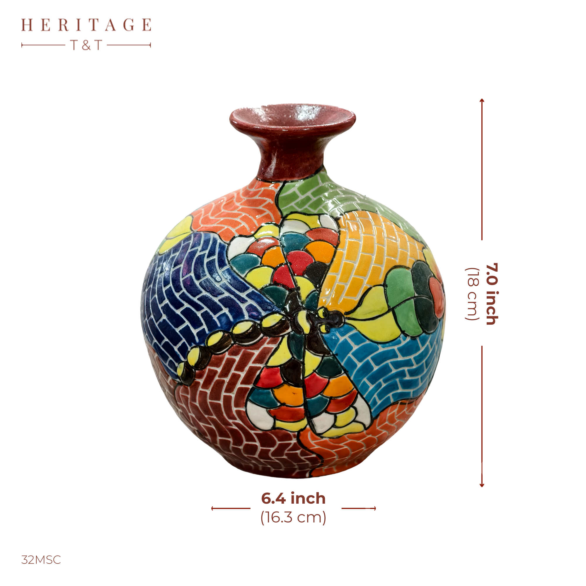 Handmade Mosaic Ceramic Vase – Dragonfly Design  – 18 cm (7.1 in) – Home Décor – Heritage T&T Mosaic Collection – Bat Trang Vietnam