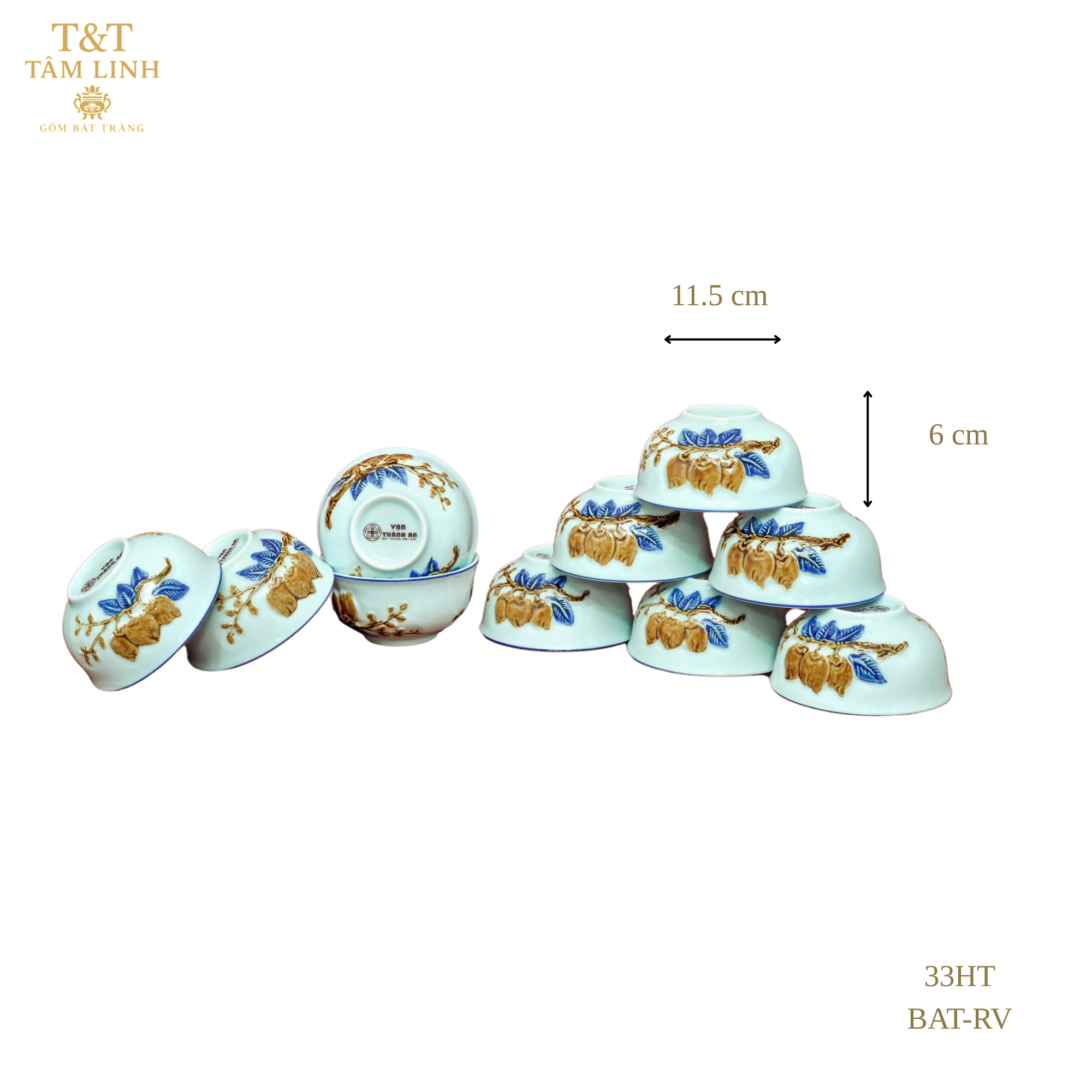 Heritage T&T Offering Bowl Altar Tâm An Height 6 cm (2.4 in) – 10 Pcs – Bat Trang Handmade Vietnam