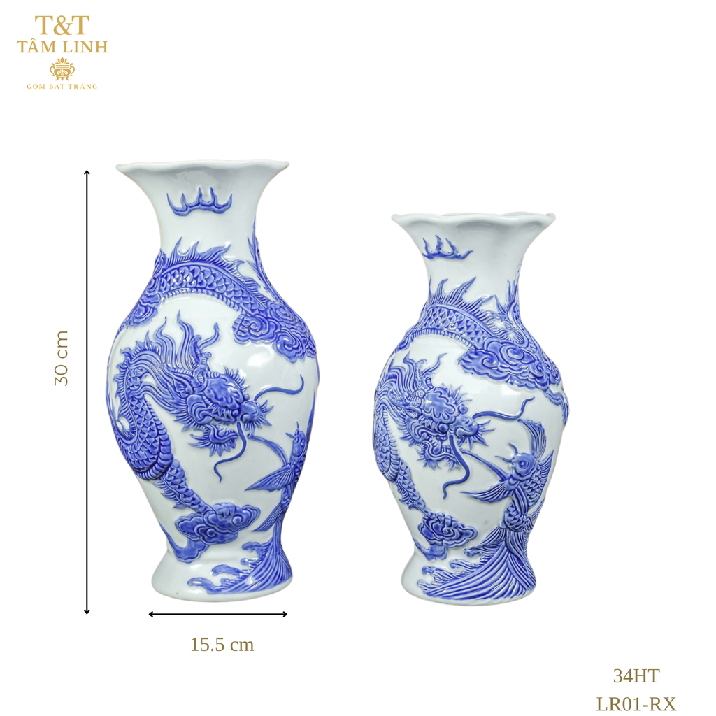 Heritage T&T Dragon Flower Vase Altar Tâm An blue Glaze  – 1 Pair – Bat Trang Handmade Vietnam (Copy)