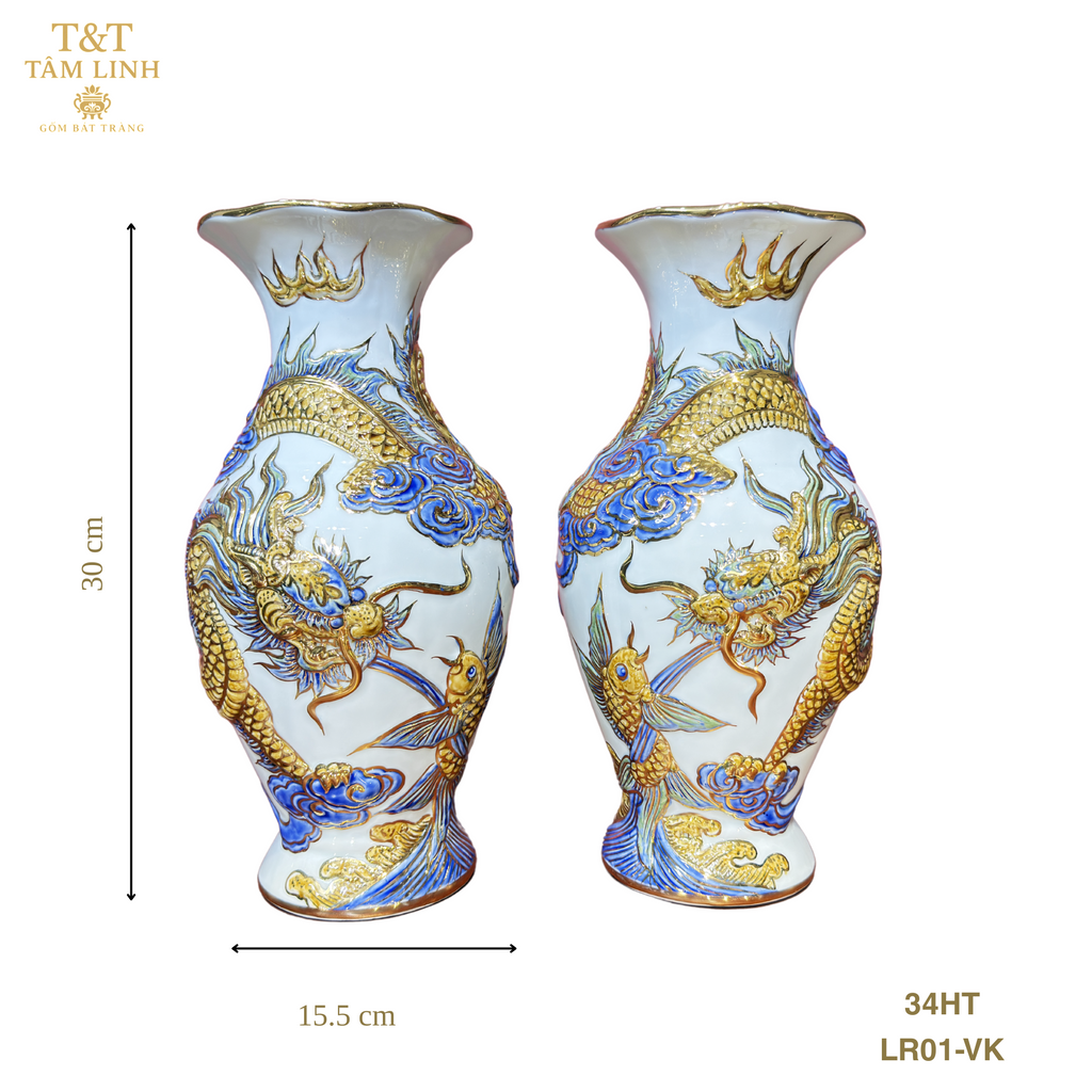 Heritage T&T Dragon Flower Vase Altar Tâm An blue Glaze  – 1 Pair – Bat Trang Handmade Vietnam (Copy)