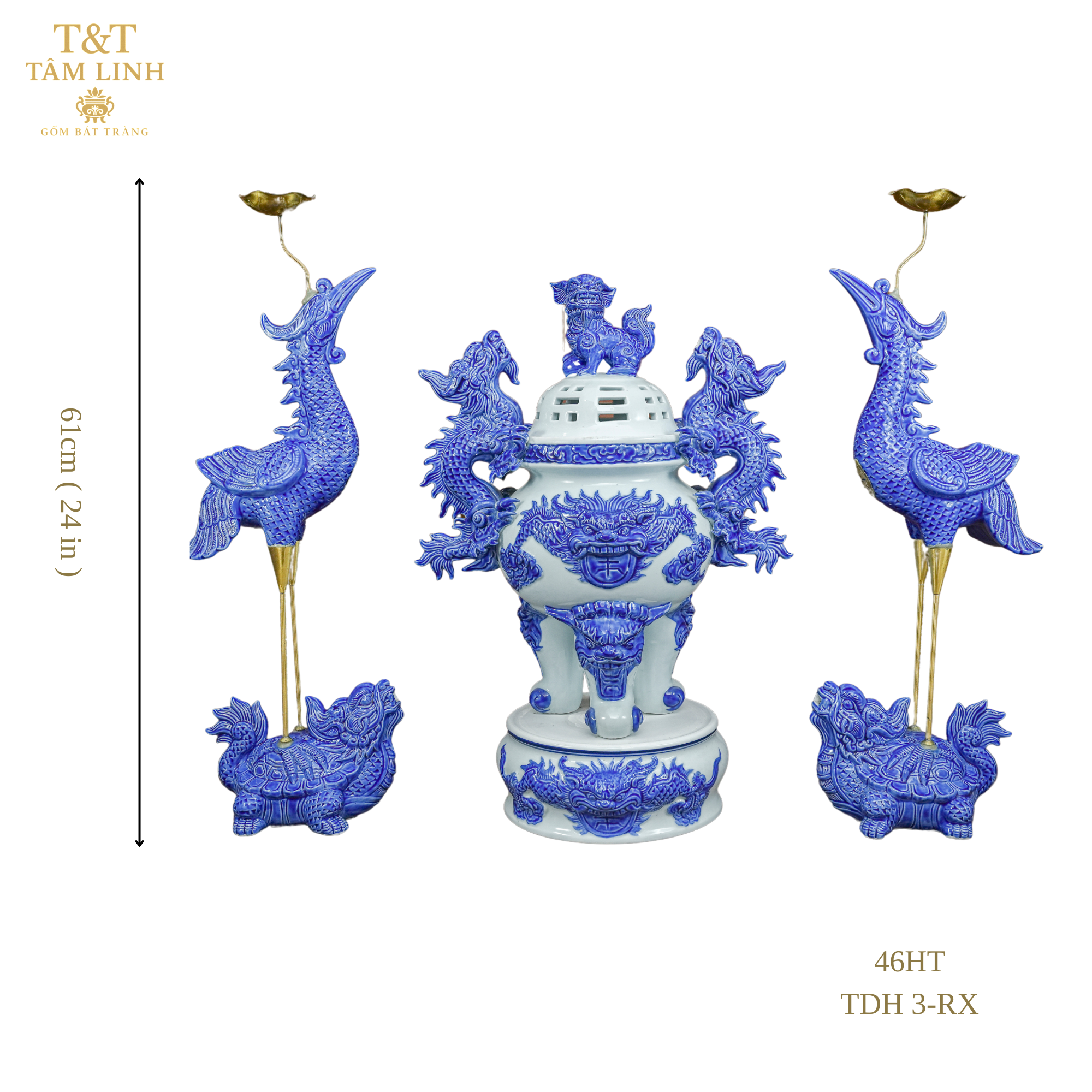 Heritage T&T Imperial Altar Set with Cranes Tâm An  – 1 Set (3 Pieces) – Bat Trang Handmade Vietnam