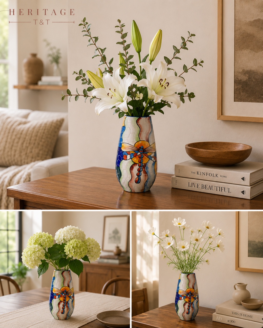 Handmade Mosaic Ceramic Vase – Dragonfly Design  – 29 cm (11.4 in) – Home Décor – Heritage T&T Mosaic Collection – Bat Trang Vietnam