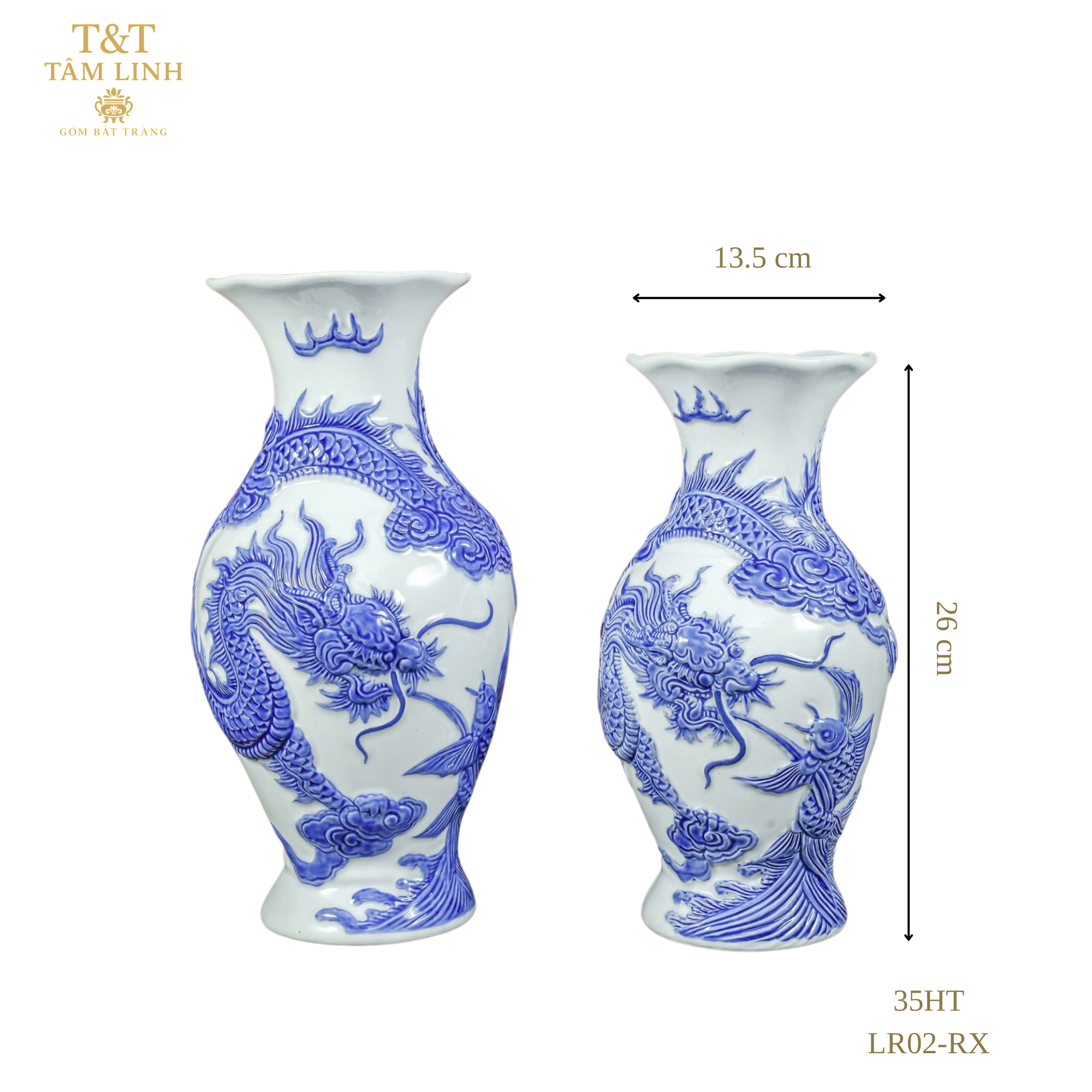 Heritage T&T Dragon Flower Vase Altar Tâm An blue Glaze  – 1 Pair – Bat Trang Handmade Vietnam (Copy)