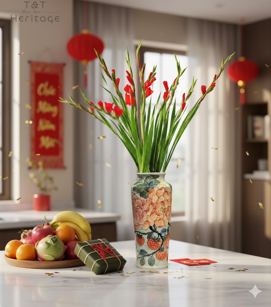 Handmade Mosaic Ceramic Vase – Flower Design  – 34.6 cm (13.6 in) – Home Décor – Heritage T&T Mosaic Collection – Bat Trang Vietnam