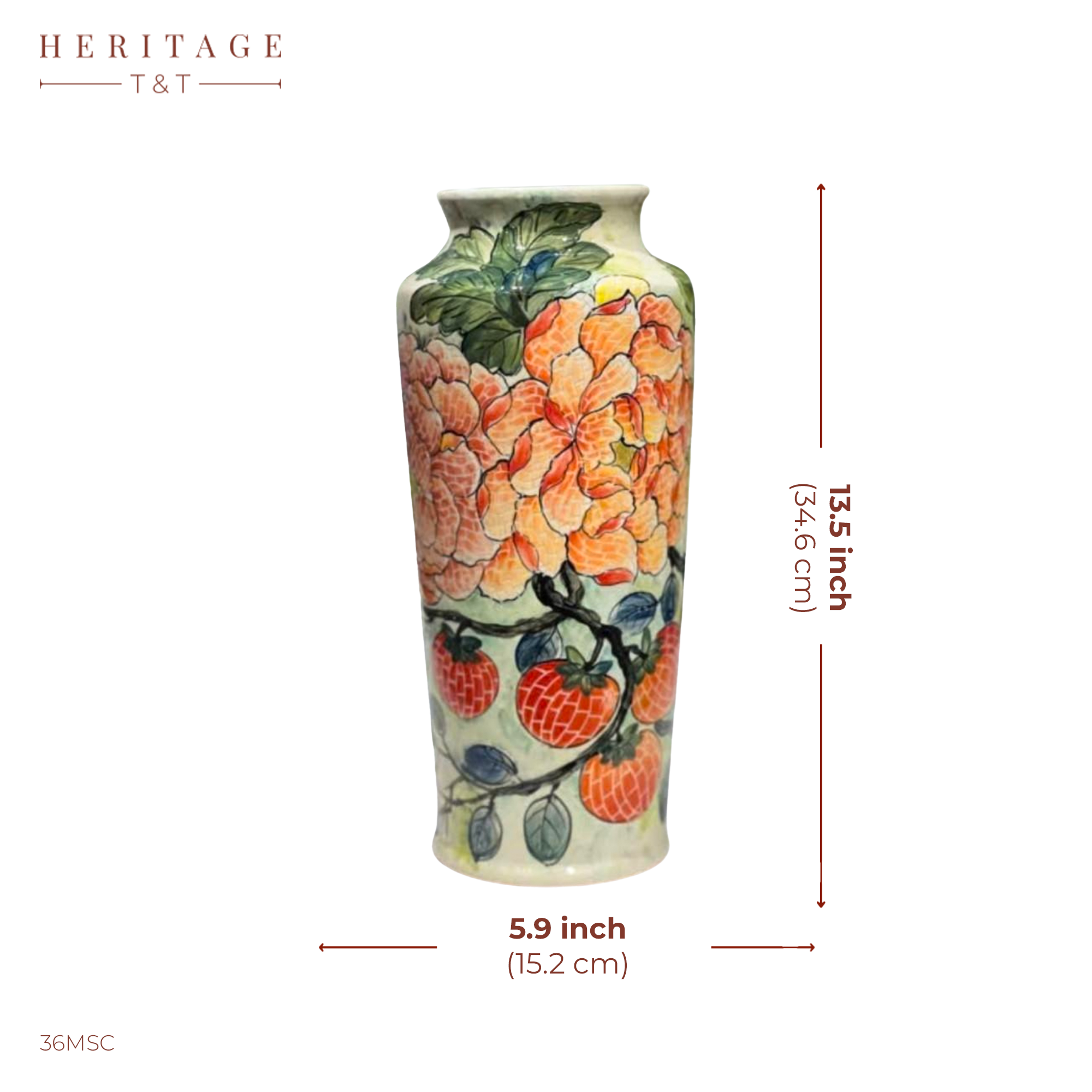Handmade Mosaic Ceramic Vase – Flower Design  – 34.6 cm (13.6 in) – Home Décor – Heritage T&T Mosaic Collection – Bat Trang Vietnam