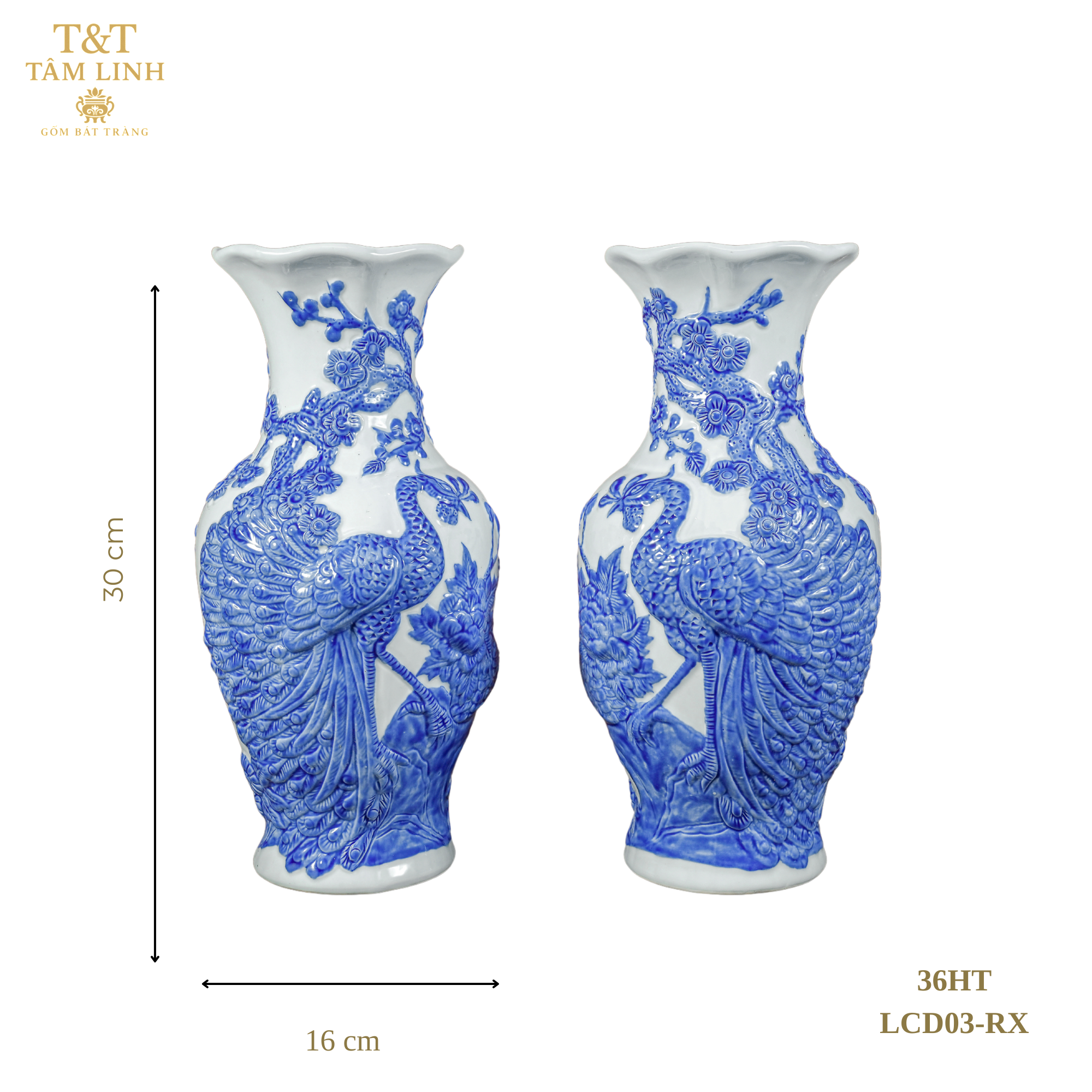Heritage T&T Peach Flower Vase Altar Tâm An  – 1 Pair – Bat Trang Handmade Vietnam