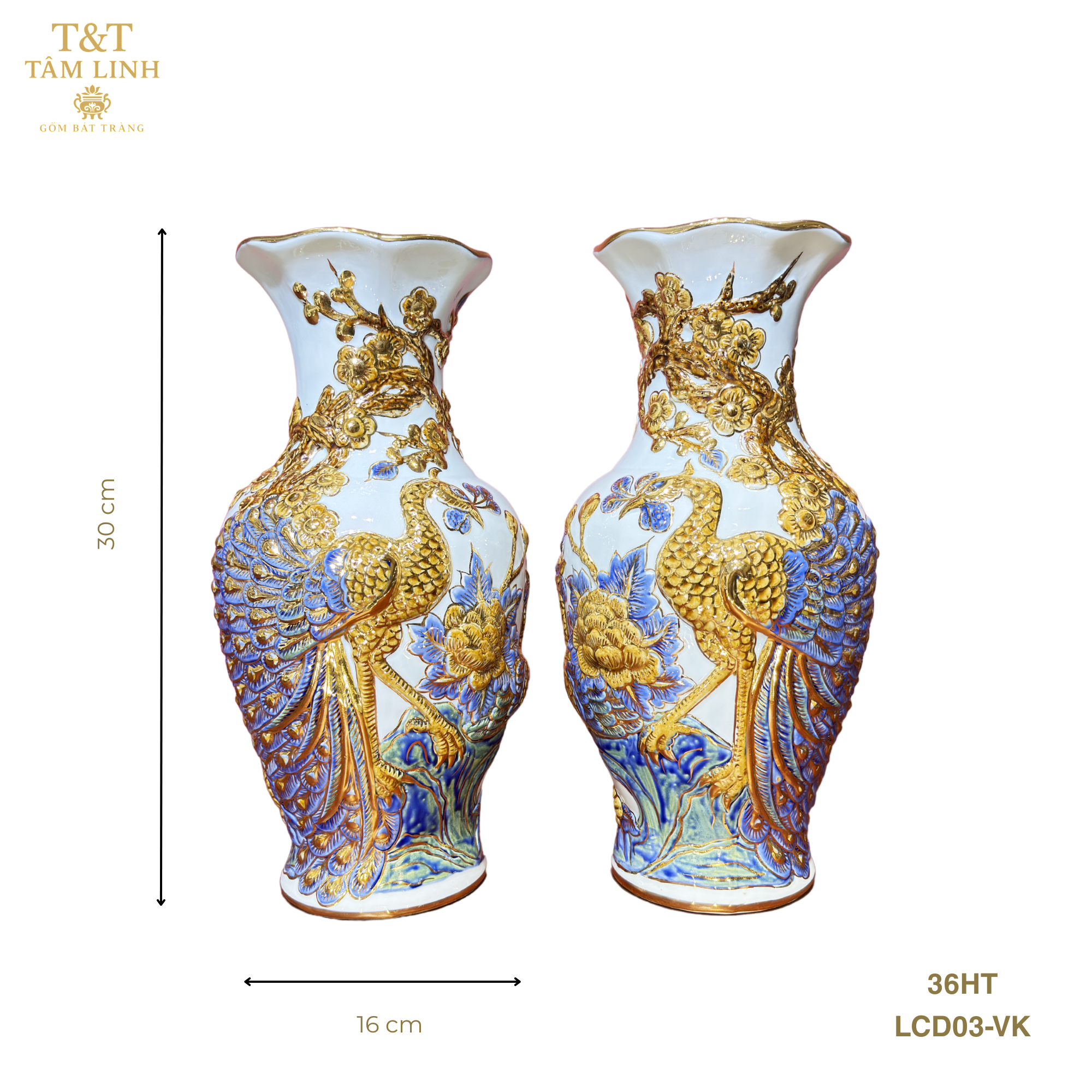 Heritage T&T Peach Flower Vase Altar Tâm An  – 1 Pair – Bat Trang Handmade Vietnam
