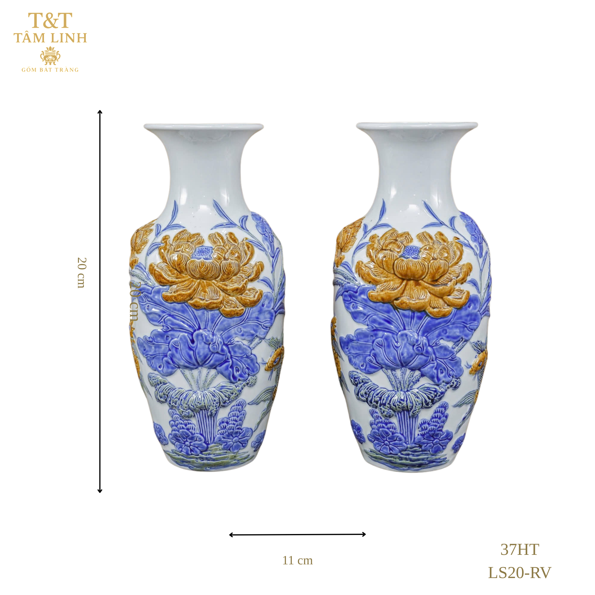 Heritage T&T Lotus Flower Vase Altar Tâm An  – 1 Pair – Bat Trang Handmade Vietnam