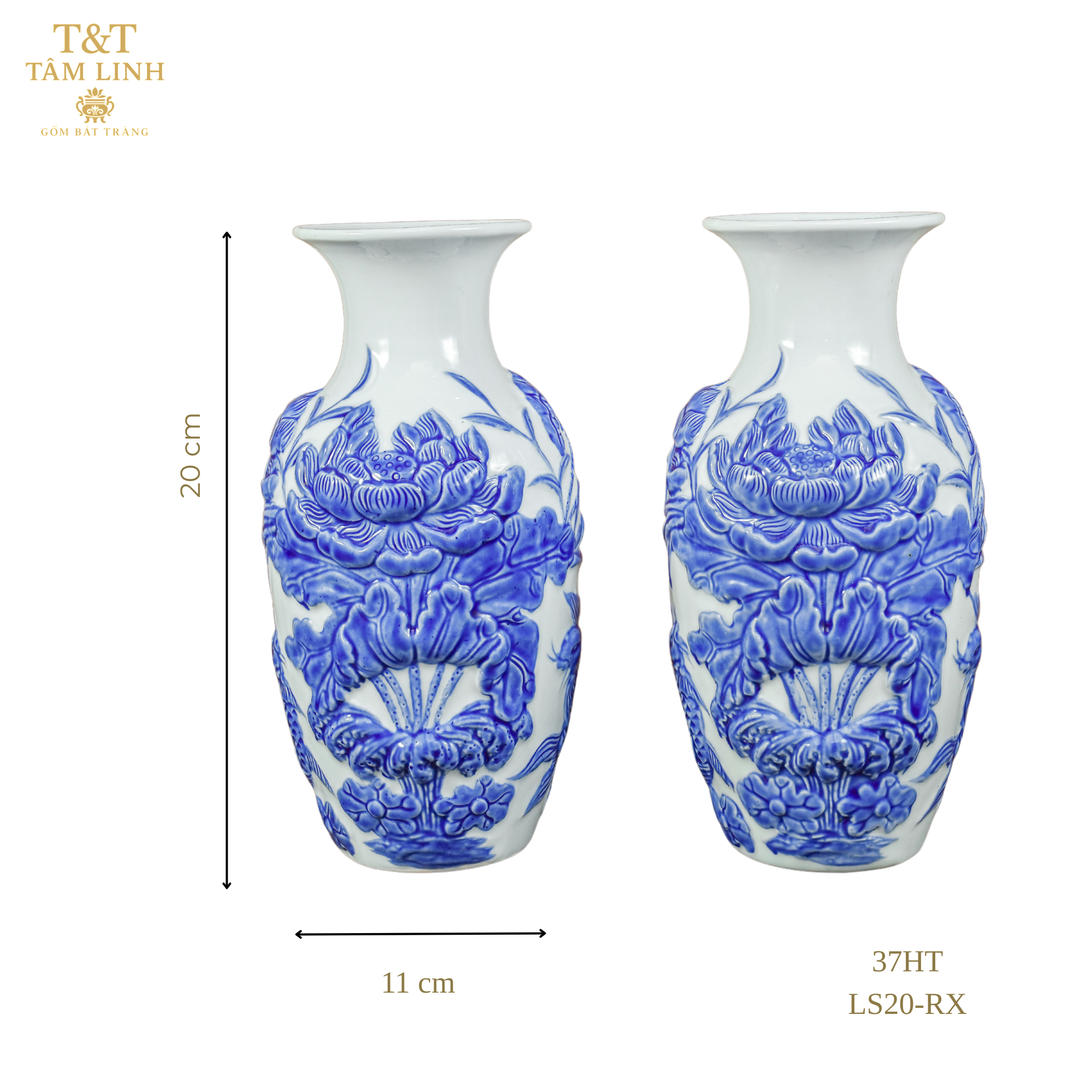 Heritage T&T Lotus Flower Vase Altar Tâm An  – 1 Pair – Bat Trang Handmade Vietnam