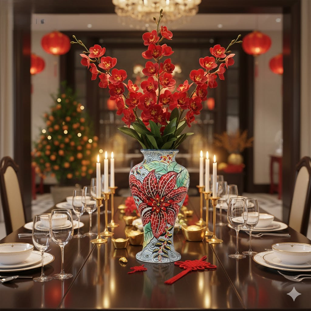 Handmade Mosaic Ceramic Vase – Flower Design  – 35 cm (13.8 in) – Home Décor – Heritage T&T Mosaic Collection – Bat Trang Vietnam