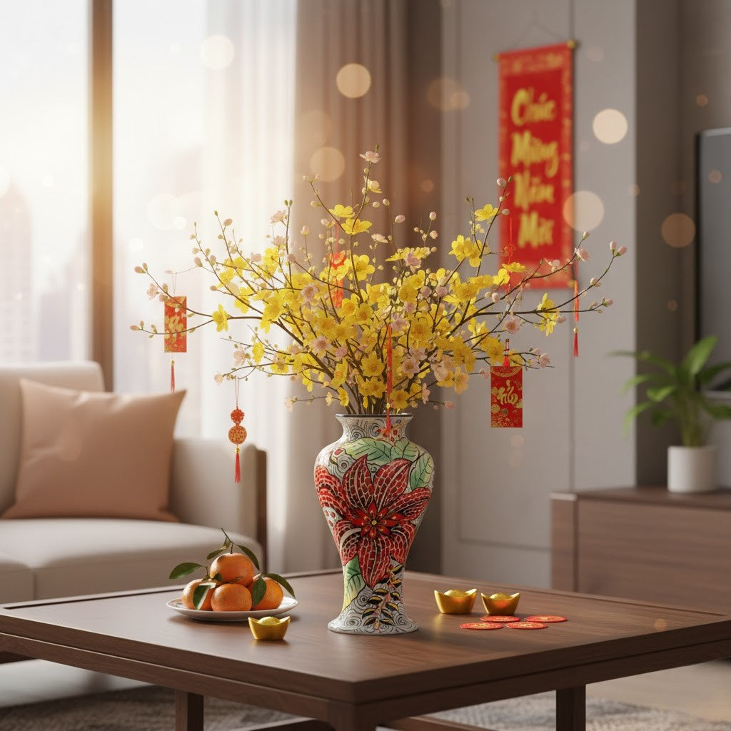 Handmade Mosaic Ceramic Vase – Flower Design  – 35 cm (13.8 in) – Home Décor – Heritage T&T Mosaic Collection – Bat Trang Vietnam