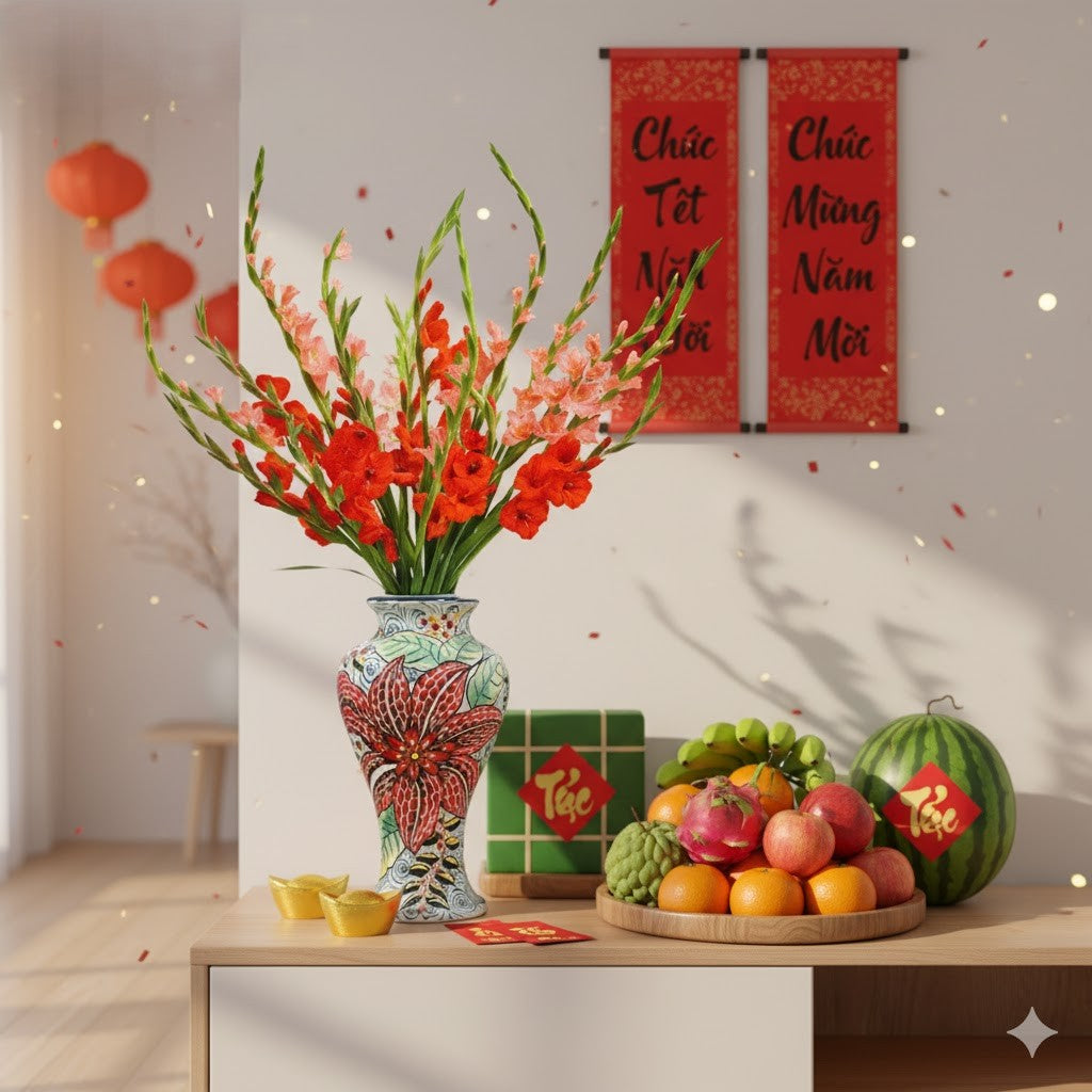 Handmade Mosaic Ceramic Vase – Flower Design  – 35 cm (13.8 in) – Home Décor – Heritage T&T Mosaic Collection – Bat Trang Vietnam
