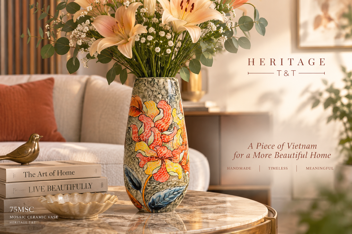 Handmade Mosaic Ceramic Vase – Flower Design  – 36.5 cm (14.4 in) – Home Décor – Heritage T&T Mosaic Collection – Bat Trang Vietnam
