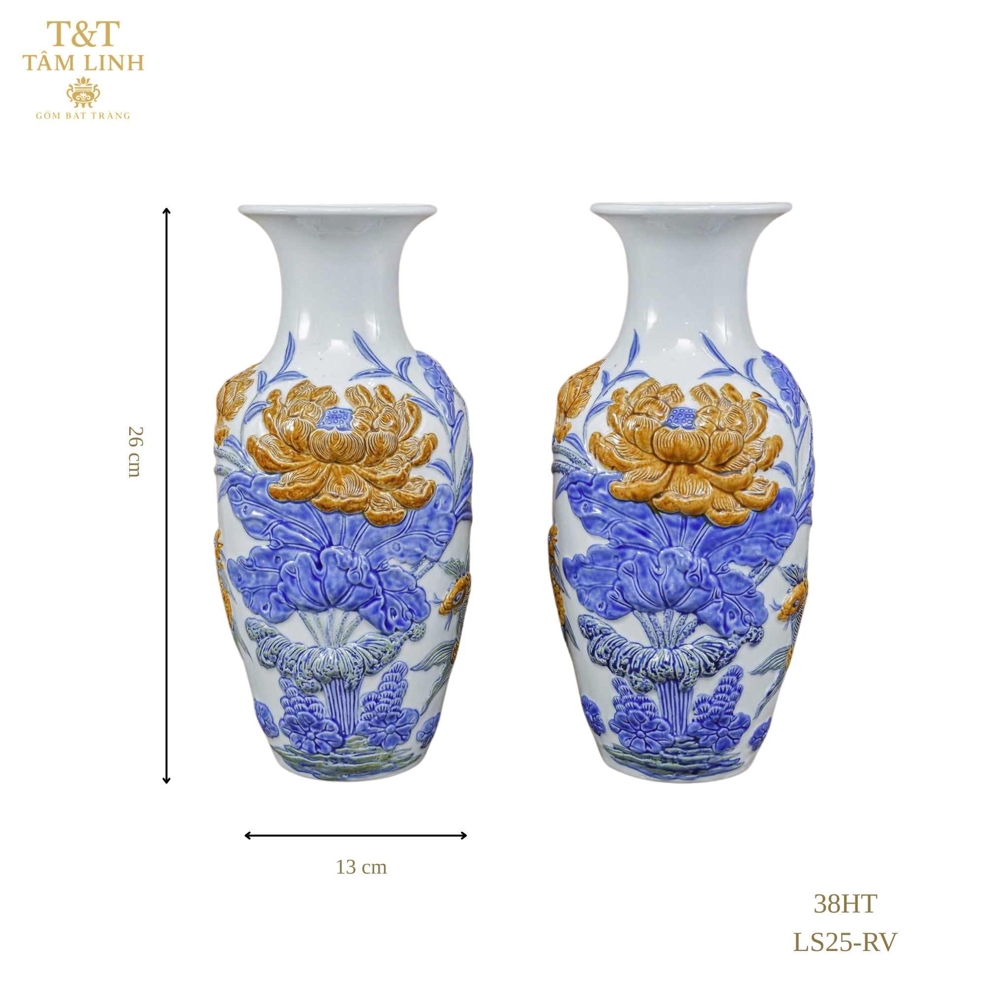 Heritage T&T Lotus Flower Vase Altar Tâm An  – 1 Pair – Bat Trang Handmade Vietnam