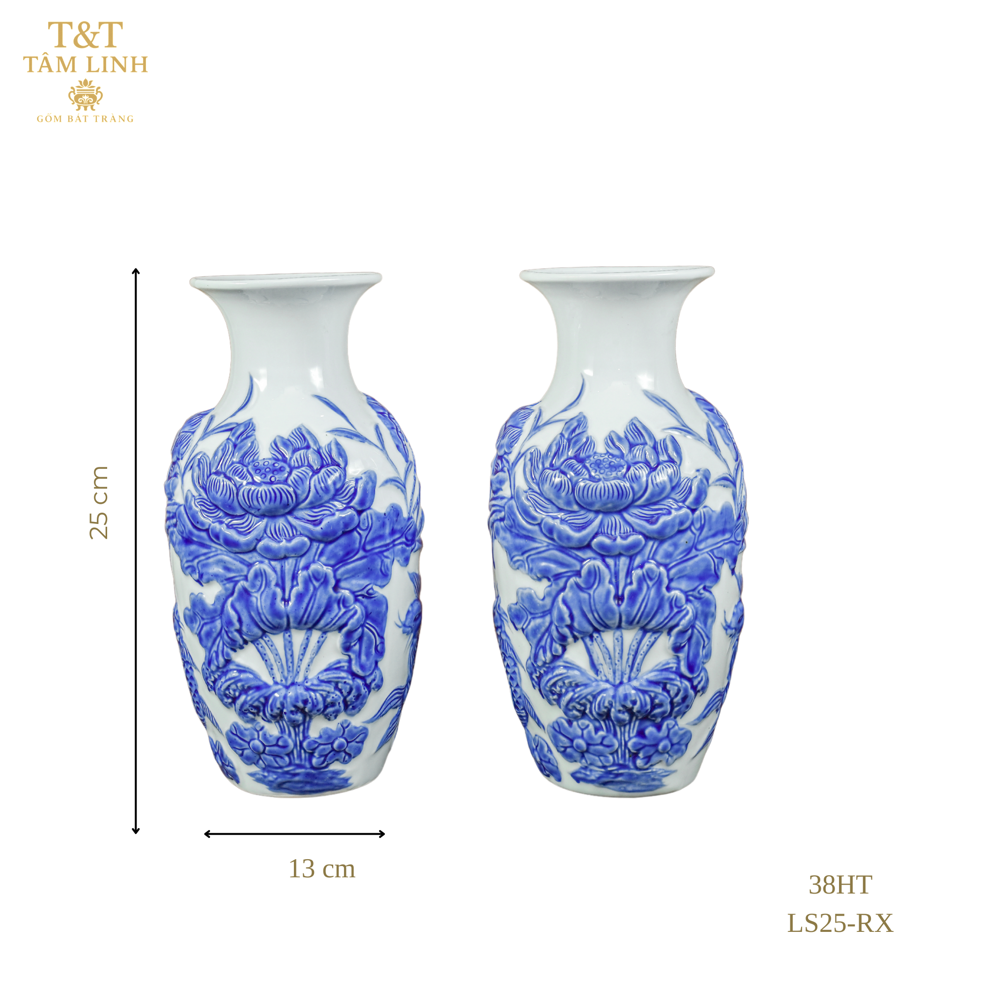 Heritage T&T Lotus Flower Vase Altar Tâm An  – 1 Pair – Bat Trang Handmade Vietnam