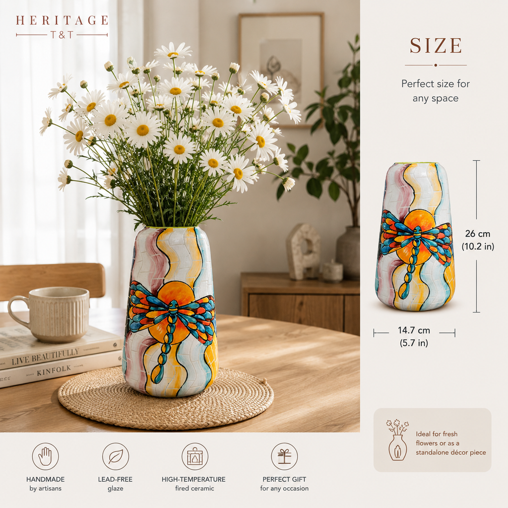 Handmade Mosaic Ceramic Vase – Dragonfly Design  – 26 cm (10.2 in) – Home Décor – Heritage T&T Mosaic Collection – Bat Trang Vietnam
