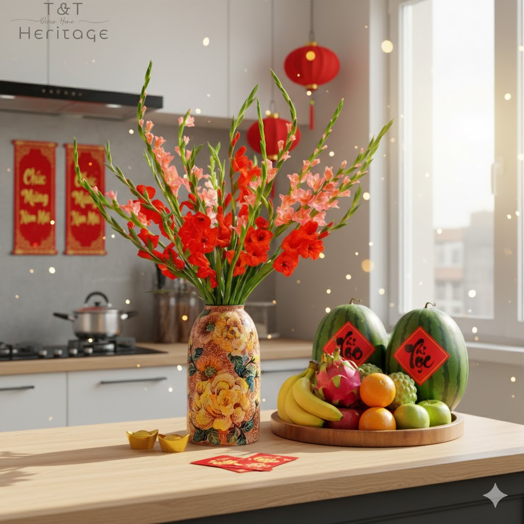 Handmade Mosaic Ceramic Vase – Flower Design  – 40 cm (15.7 in) – Home Décor – Heritage T&T Mosaic Collection – Bat Trang Vietnam