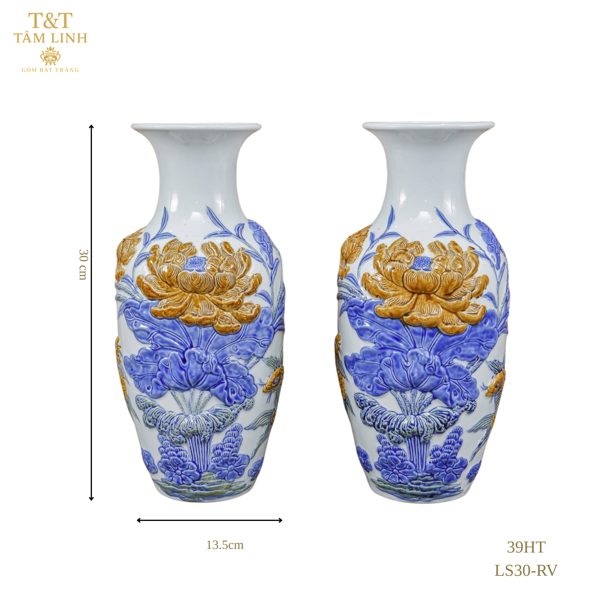 Heritage T&T Lotus Flower Vase Altar Tâm An  – 1 Pair – Bat Trang Handmade Vietnam