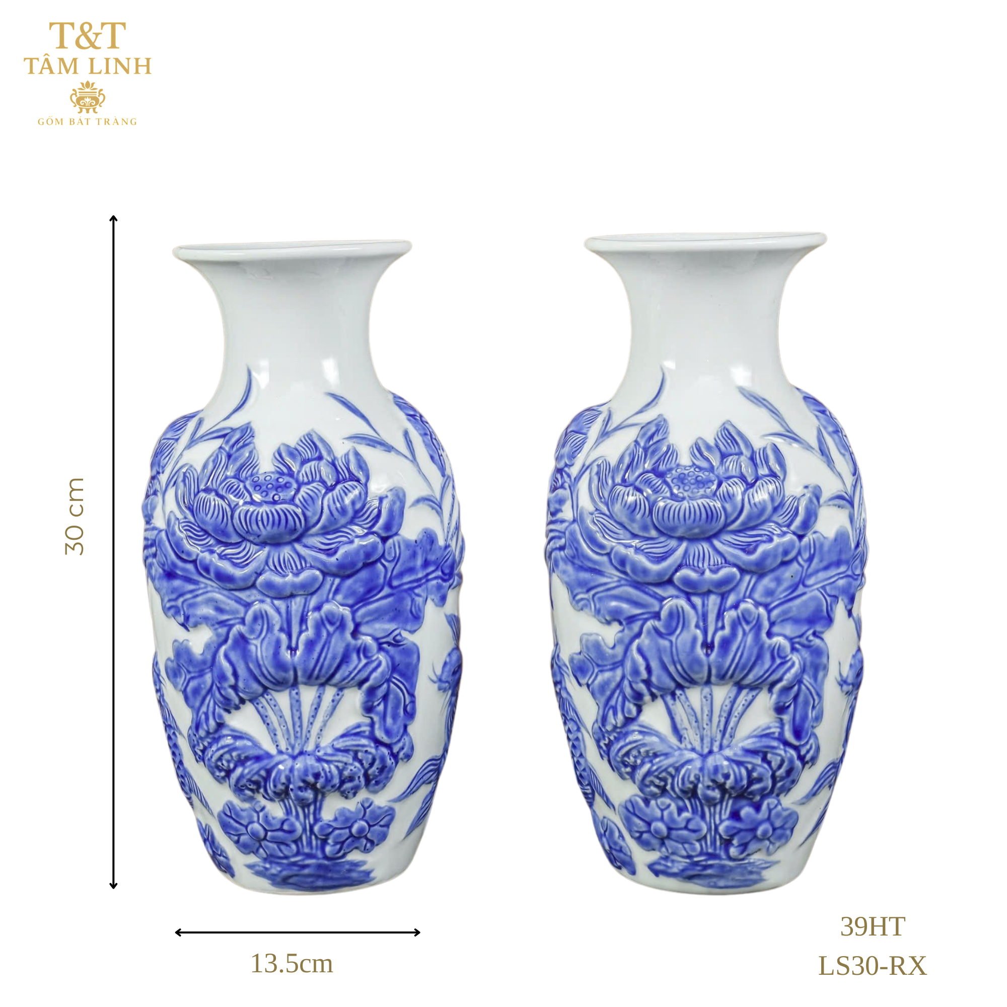 Heritage T&T Lotus Flower Vase Altar Tâm An  – 1 Pair – Bat Trang Handmade Vietnam