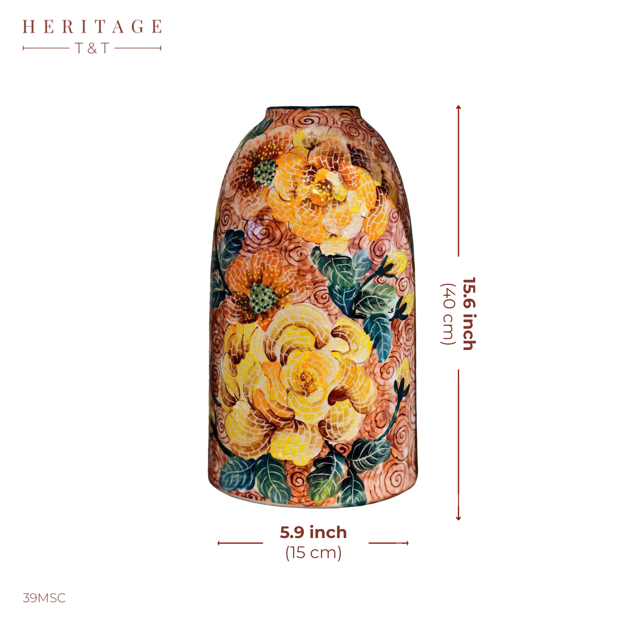 Handmade Mosaic Ceramic Vase – Flower Design  – 40 cm (15.7 in) – Home Décor – Heritage T&T Mosaic Collection – Bat Trang Vietnam