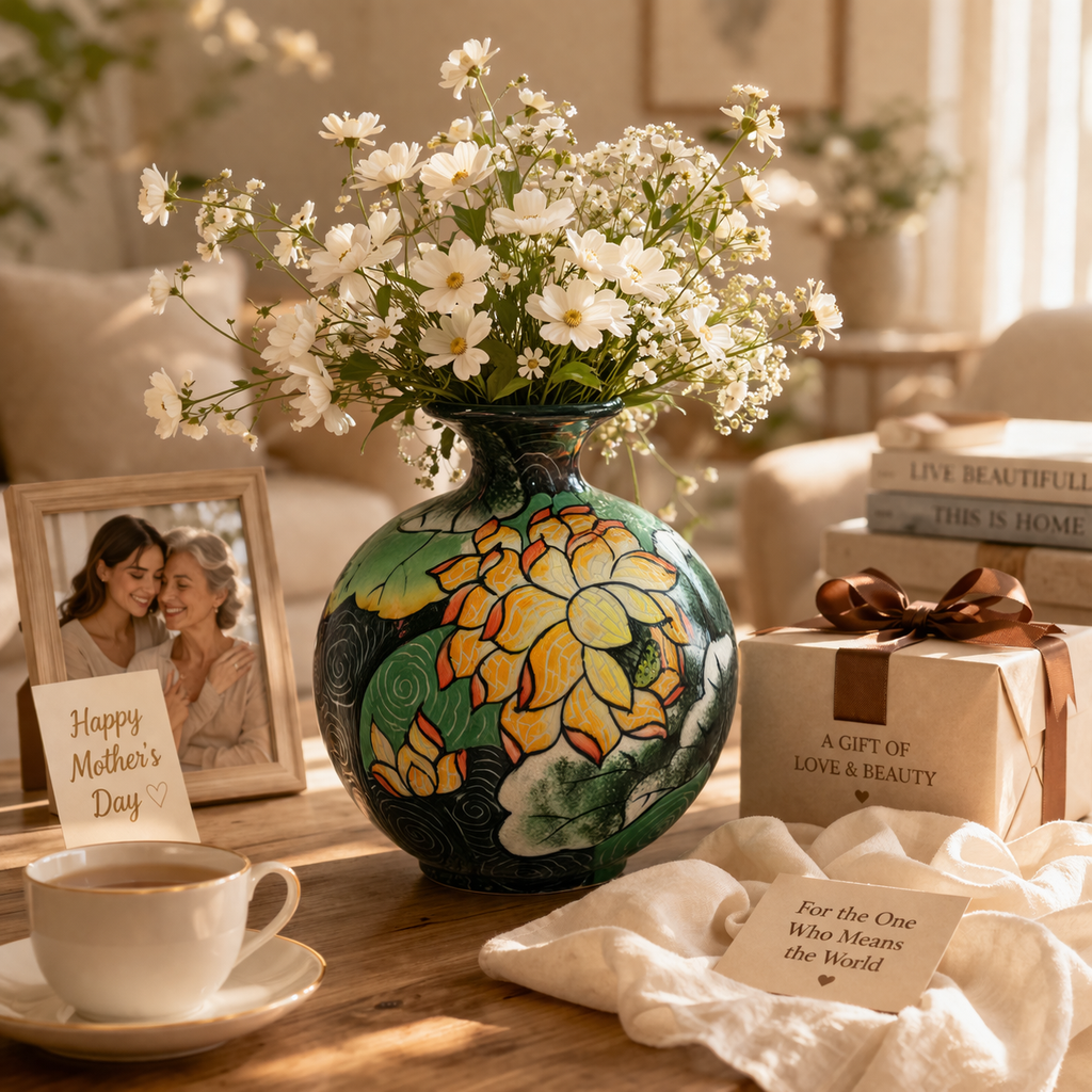 Handmade Mosaic Ceramic Vase – Lotus Design  – 25 cm (9.8 in) – Home Décor – Heritage T&T Mosaic Collection – Bat Trang Vietnam