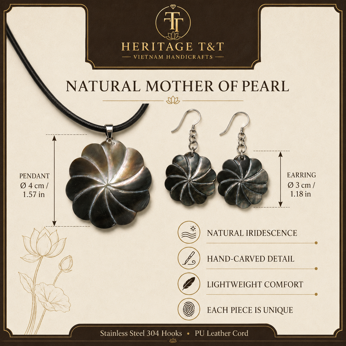 Floral Abalone and Mother of Pearl Necklace and Earrings Set – Heritage TT