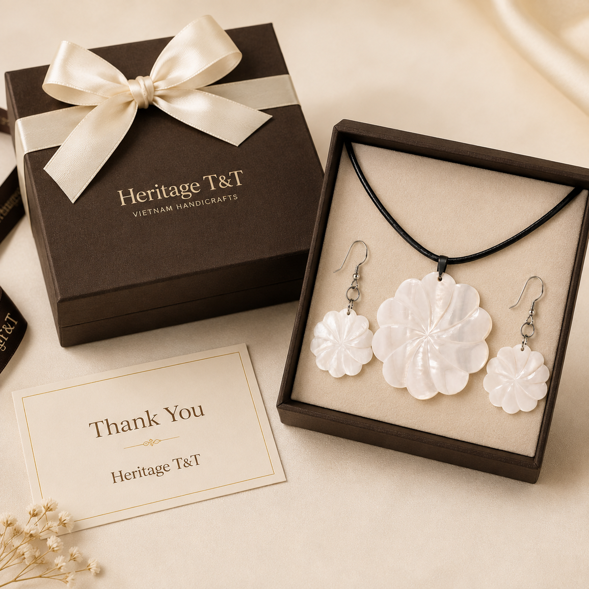 Floral Abalone and Mother of Pearl Necklace and Earrings Set – Heritage TT