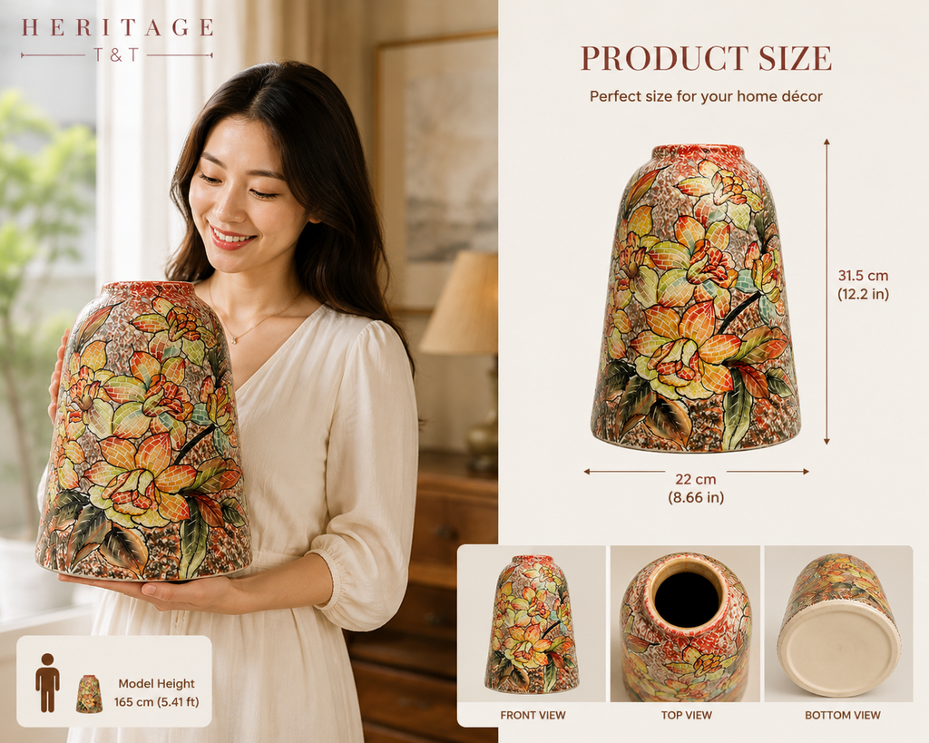 Handmade Mosaic Ceramic Vase – Flower Design  – 31.5 cm (12.4 in) – Home Décor – Heritage T&T Mosaic Collection – Bat Trang Vietnam