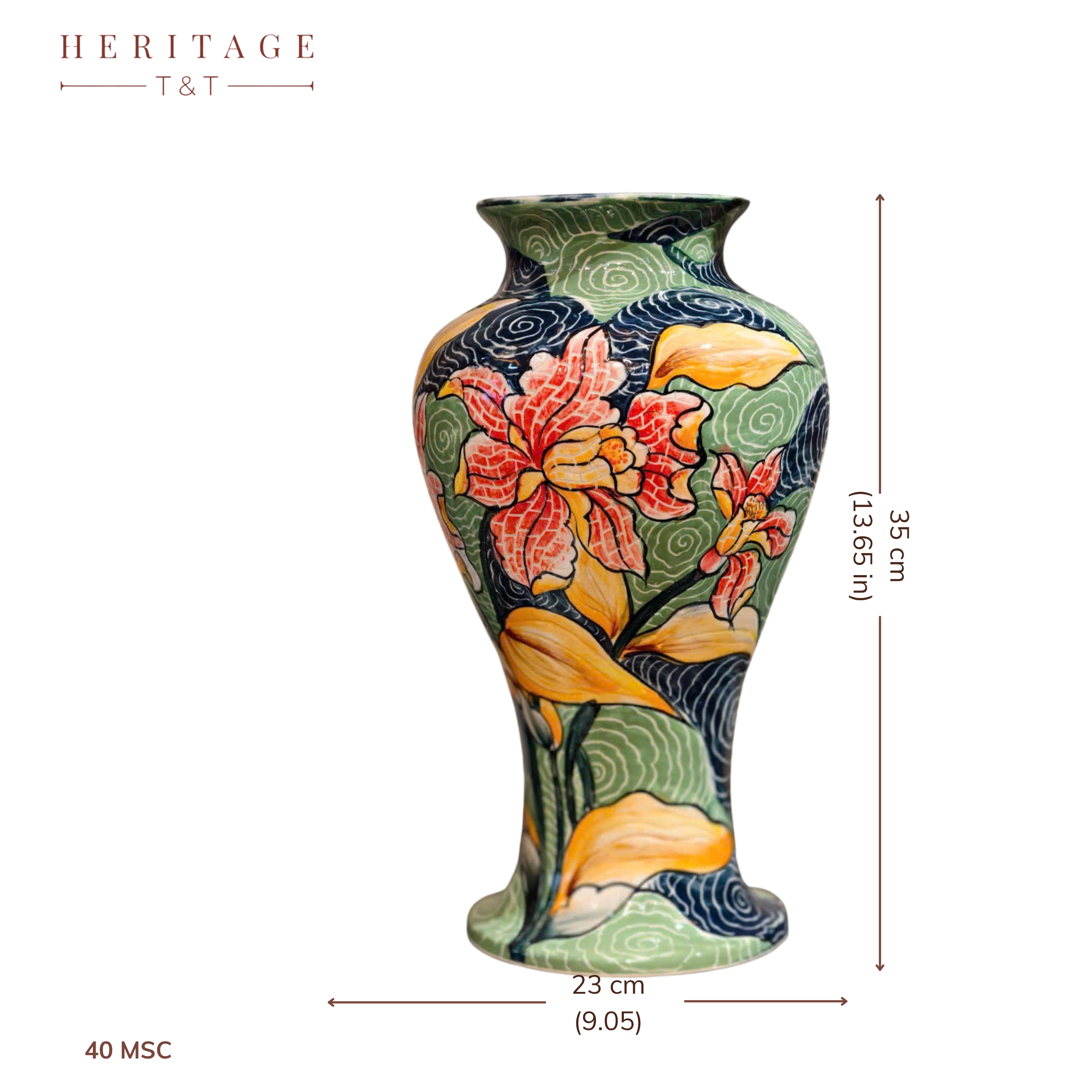 Handmade Mosaic Ceramic Vase – Flower Design  – 35 cm (13.8 in) – Home Décor – Heritage T&T Mosaic Collection – Bat Trang Vietnam