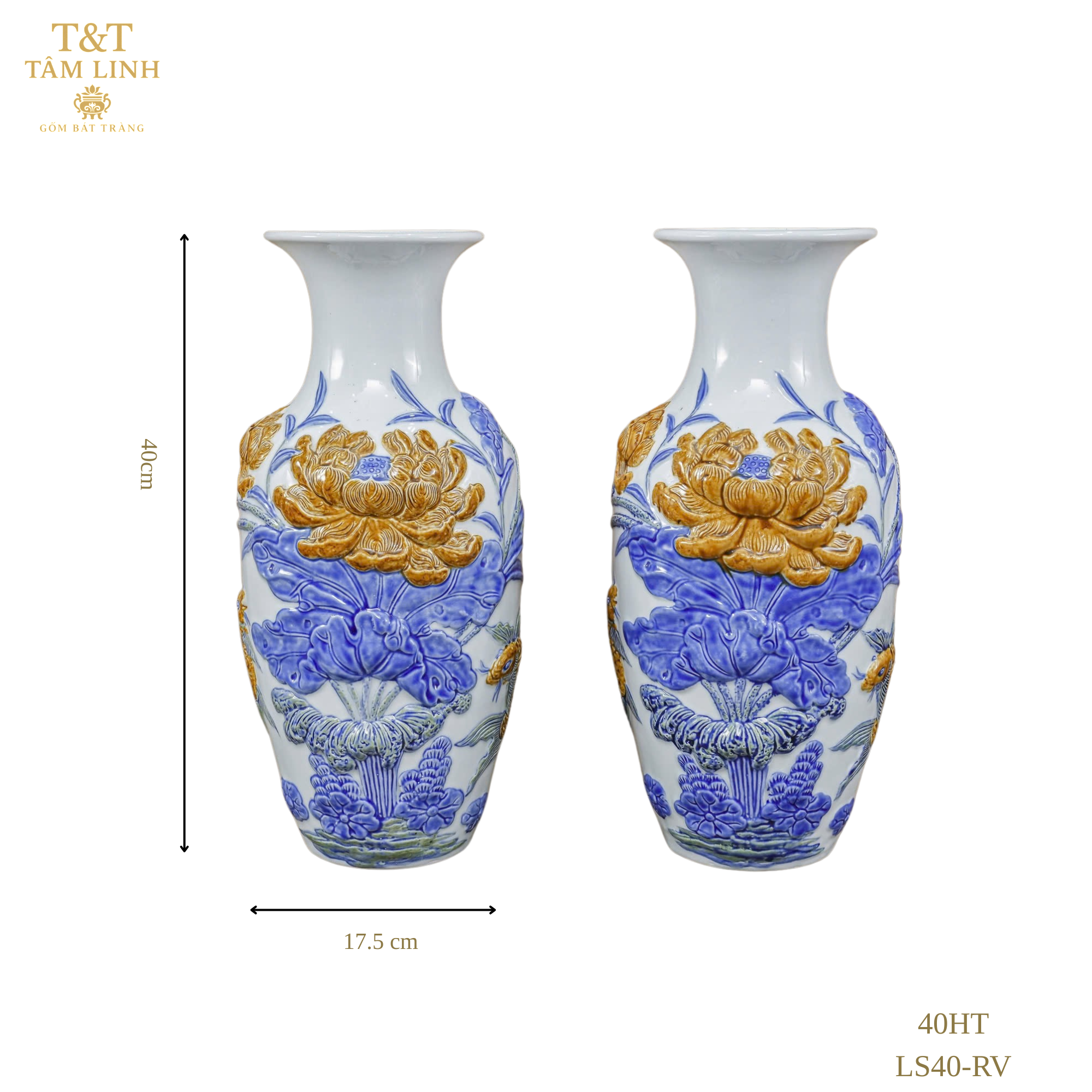 Heritage T&T Lotus Flower Vase Altar Tâm An  – 1 Pair – Bat Trang Handmade Vietnam