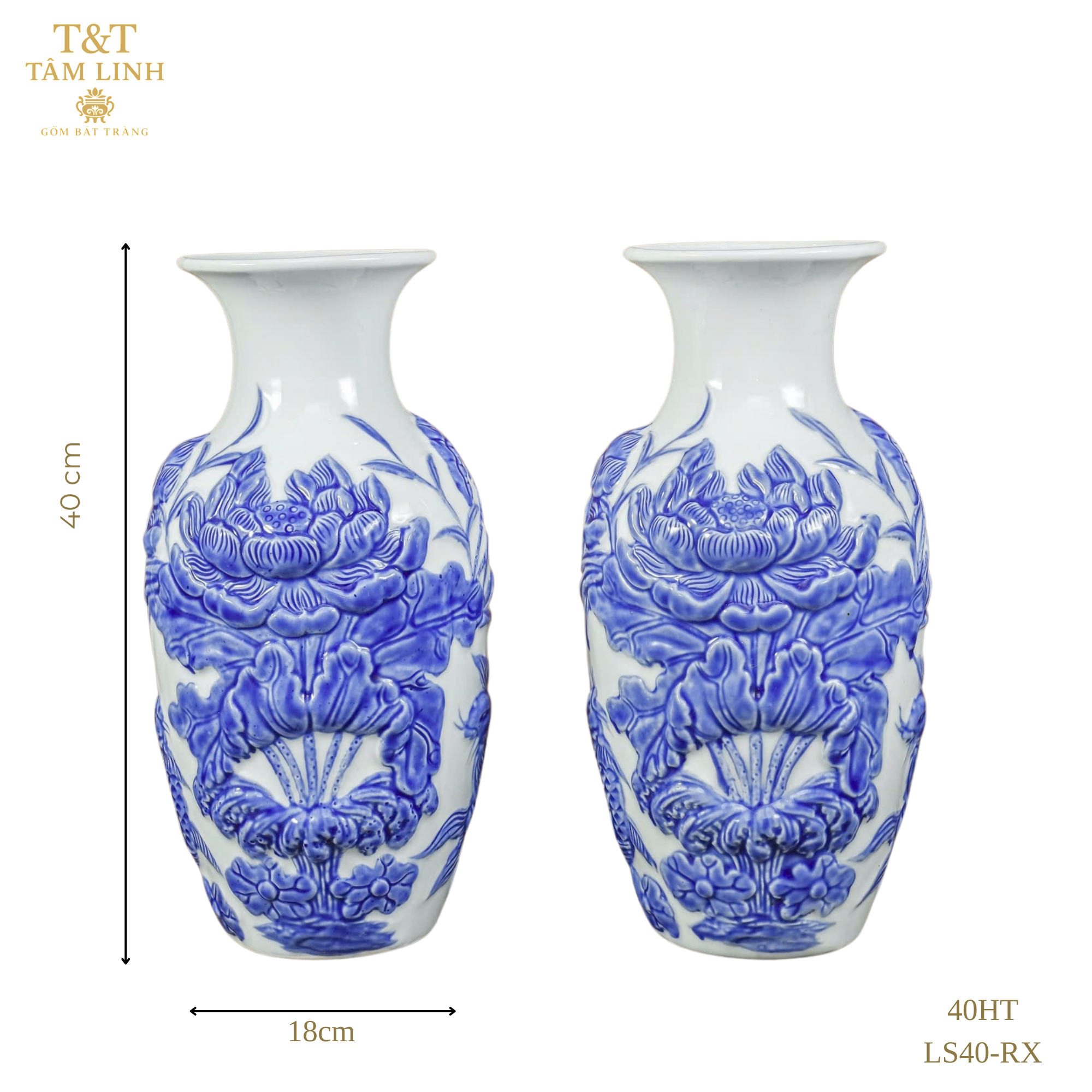 Heritage T&T Lotus Flower Vase Altar Tâm An  – 1 Pair – Bat Trang Handmade Vietnam