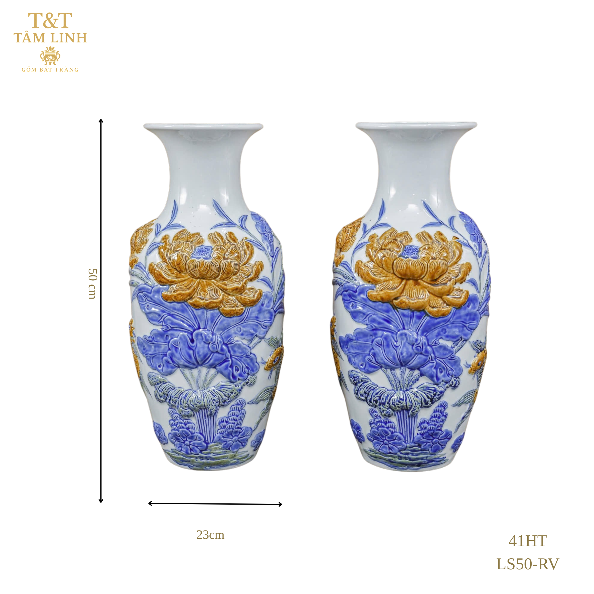Heritage T&T Lotus Flower Vase Altar Tâm An  – 1 Pair – Bat Trang Handmade Vietnam