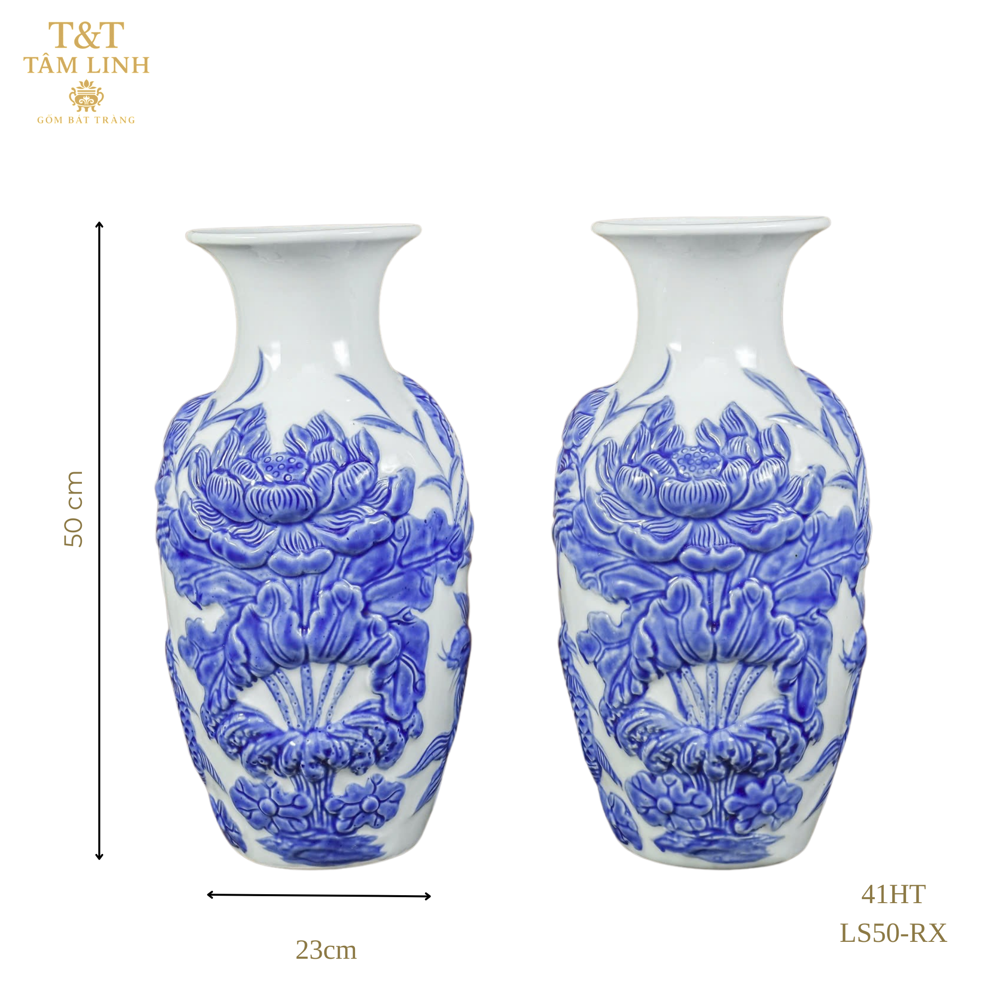Heritage T&T Lotus Flower Vase Altar Tâm An  – 1 Pair – Bat Trang Handmade Vietnam